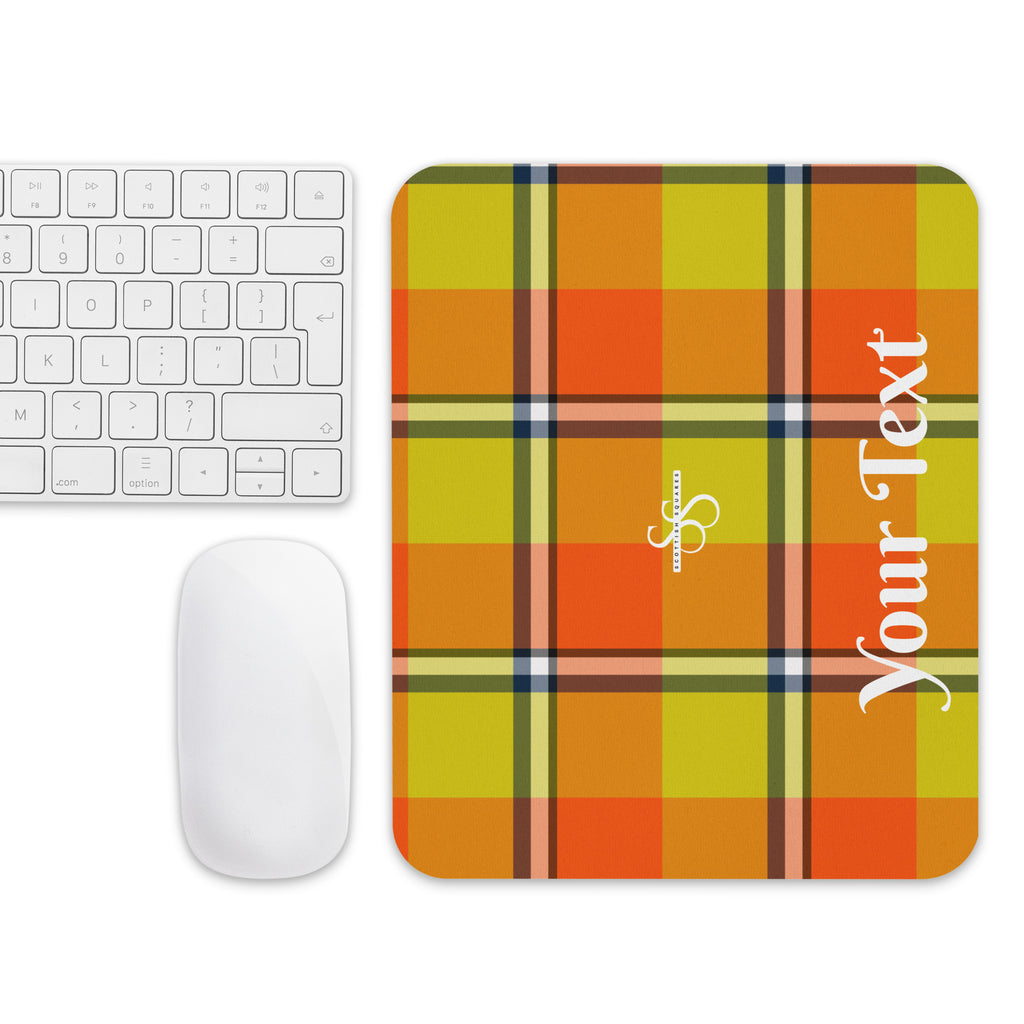 Personalized Blaze Orange and Bird Flower Plaid Mouse Pad - Scottish Squares