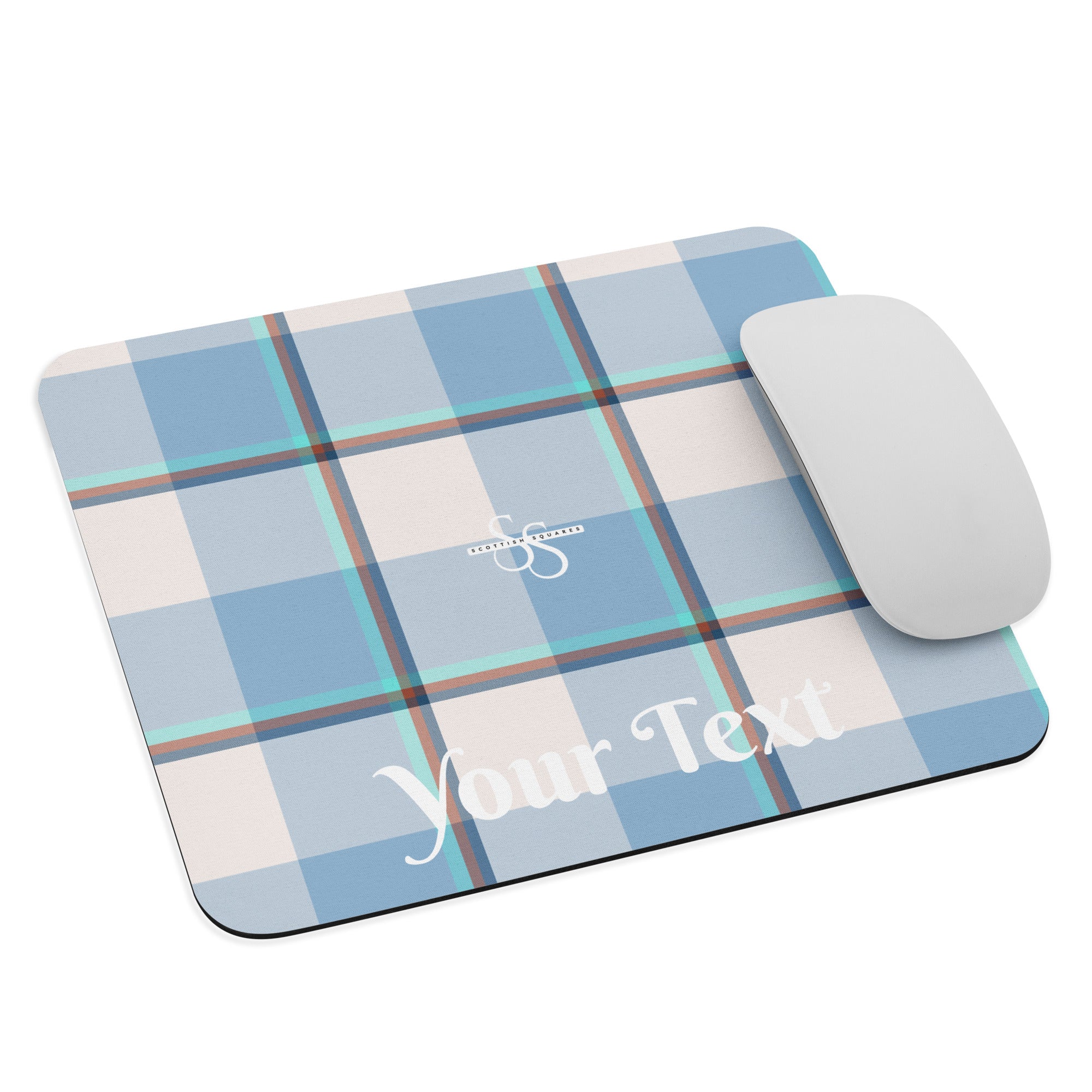 Personalized Pink Cloud and Blue Lagoon Plaid Mouse Pad - Scottish Squares