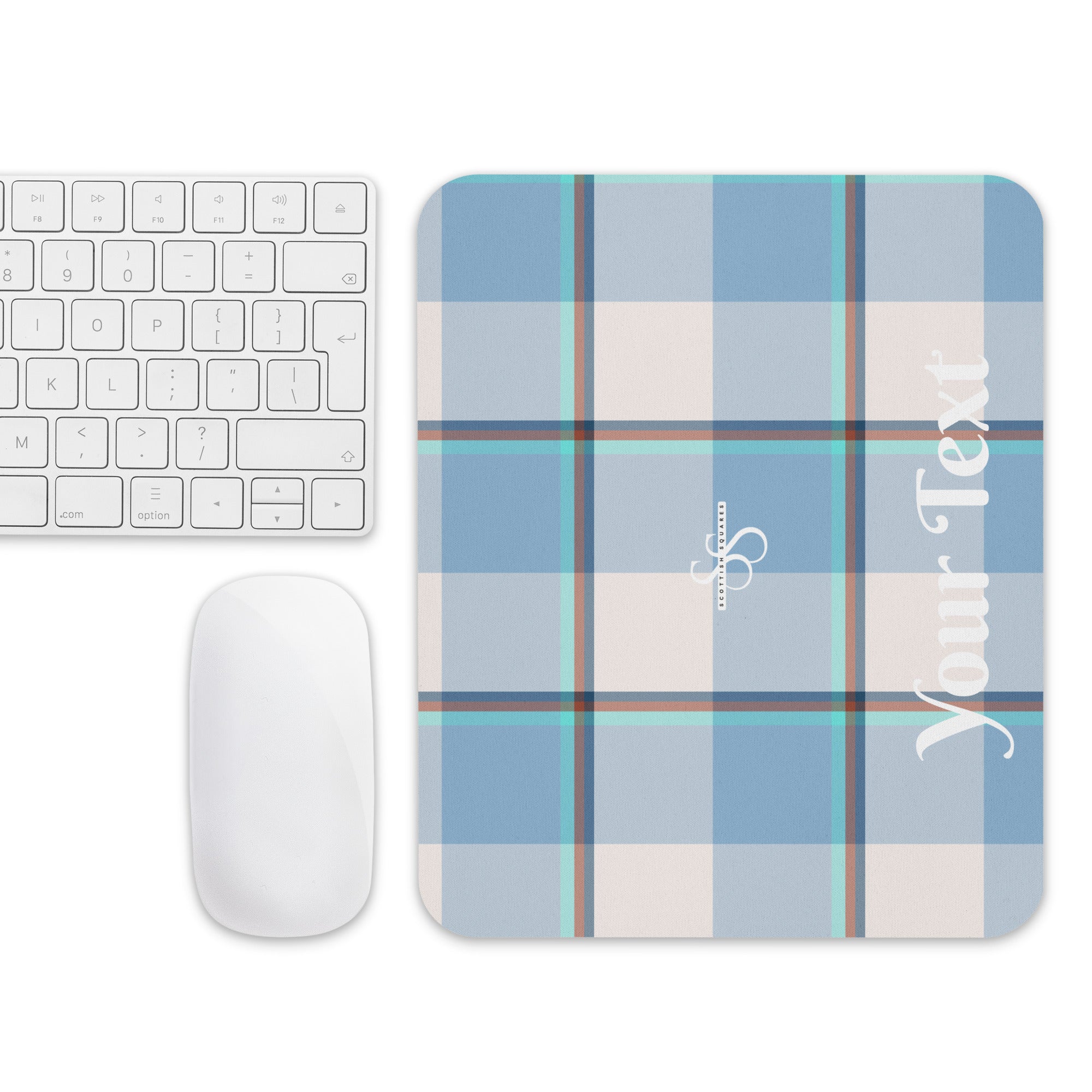 Personalized Pink Cloud and Blue Lagoon Plaid Mouse Pad - Scottish Squares
