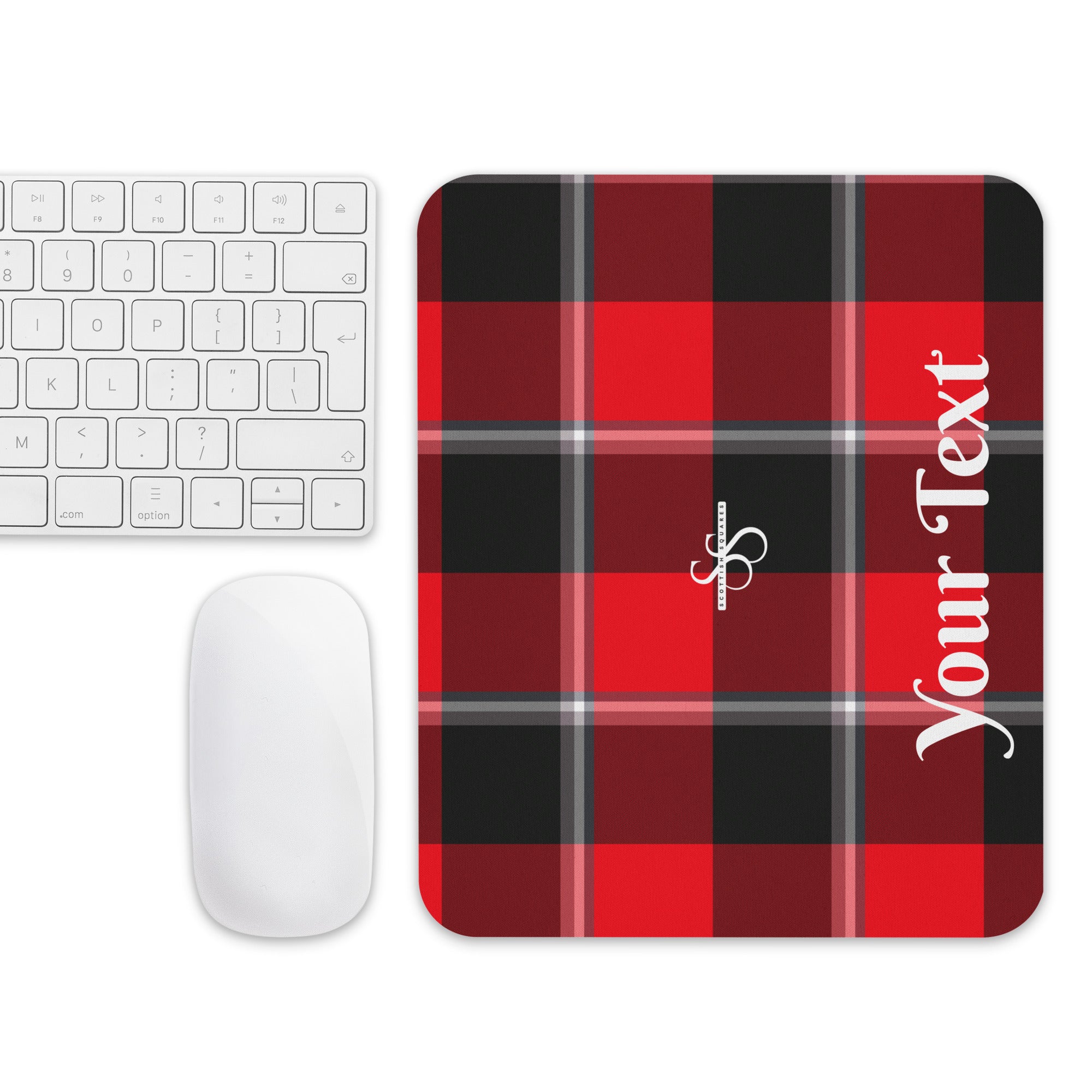 Personalized Red Ribbon and Heavy Metal Plaid Mouse Pad - Scottish Squares