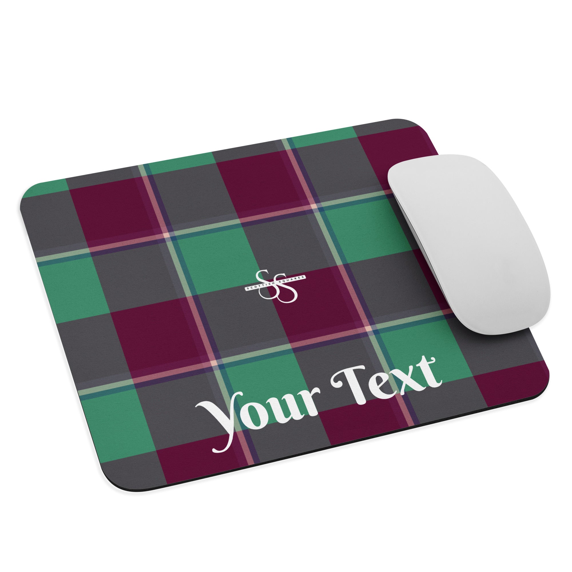 Personalized Ocean Green and Mulberry Wood Plaid Mouse Pad - Scottish Squares