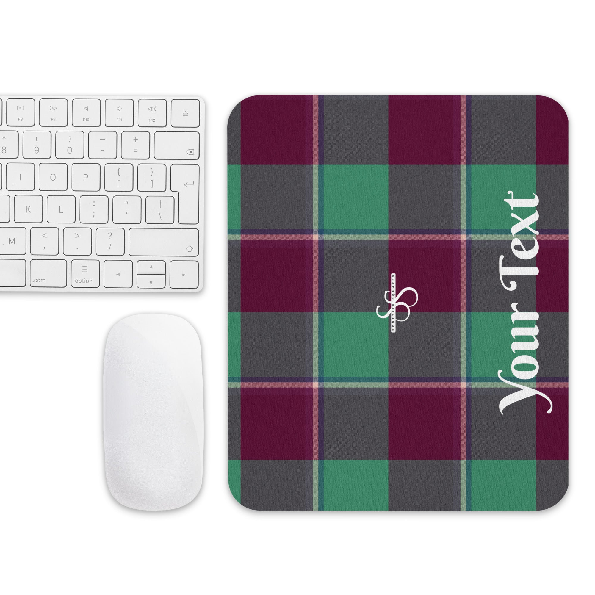 Personalized Ocean Green and Mulberry Wood Plaid Mouse Pad - Scottish Squares