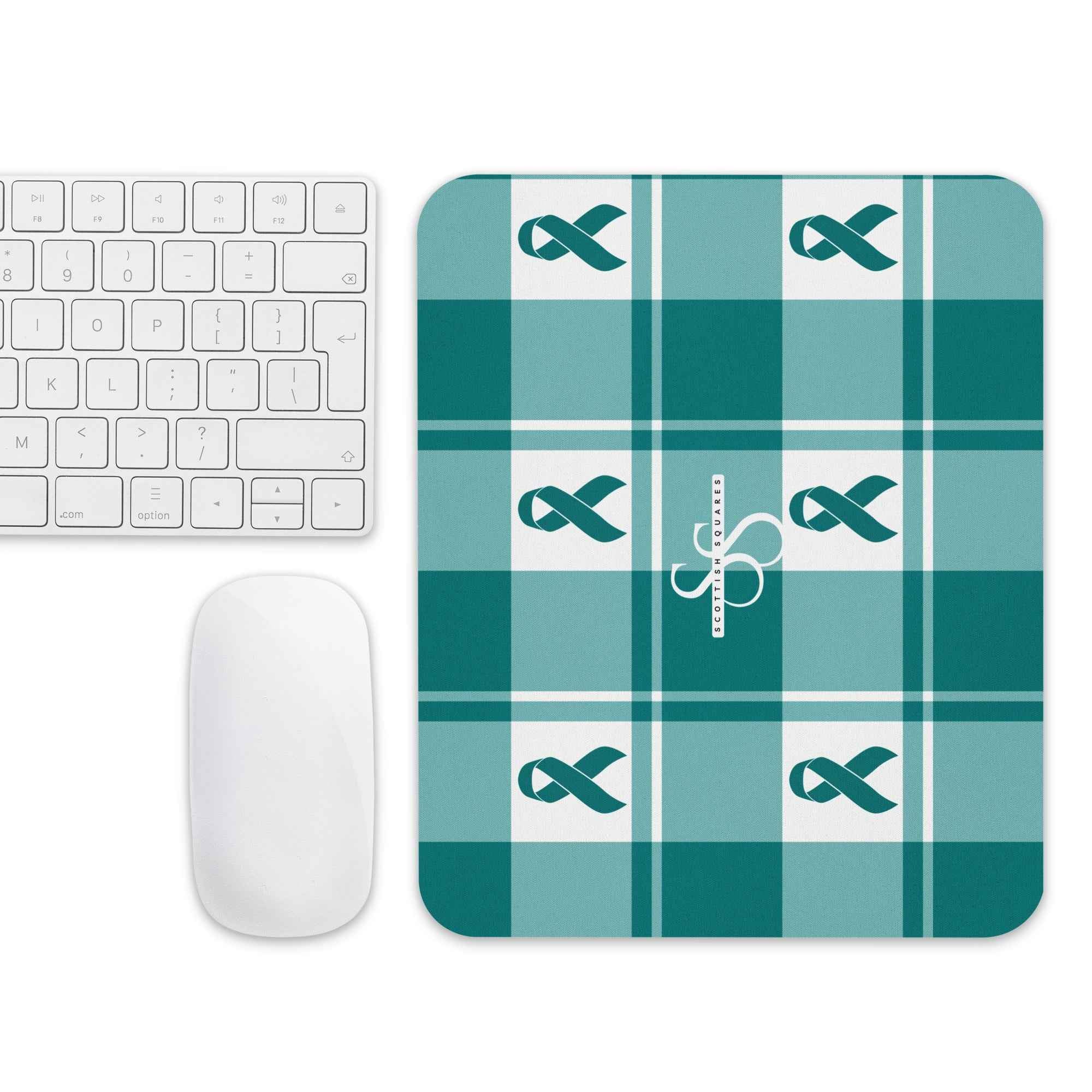 Mouse Pad Cervical Cancer Awareness Plaid, Teal Ribbon, Supportive Gift - Scottish Squares