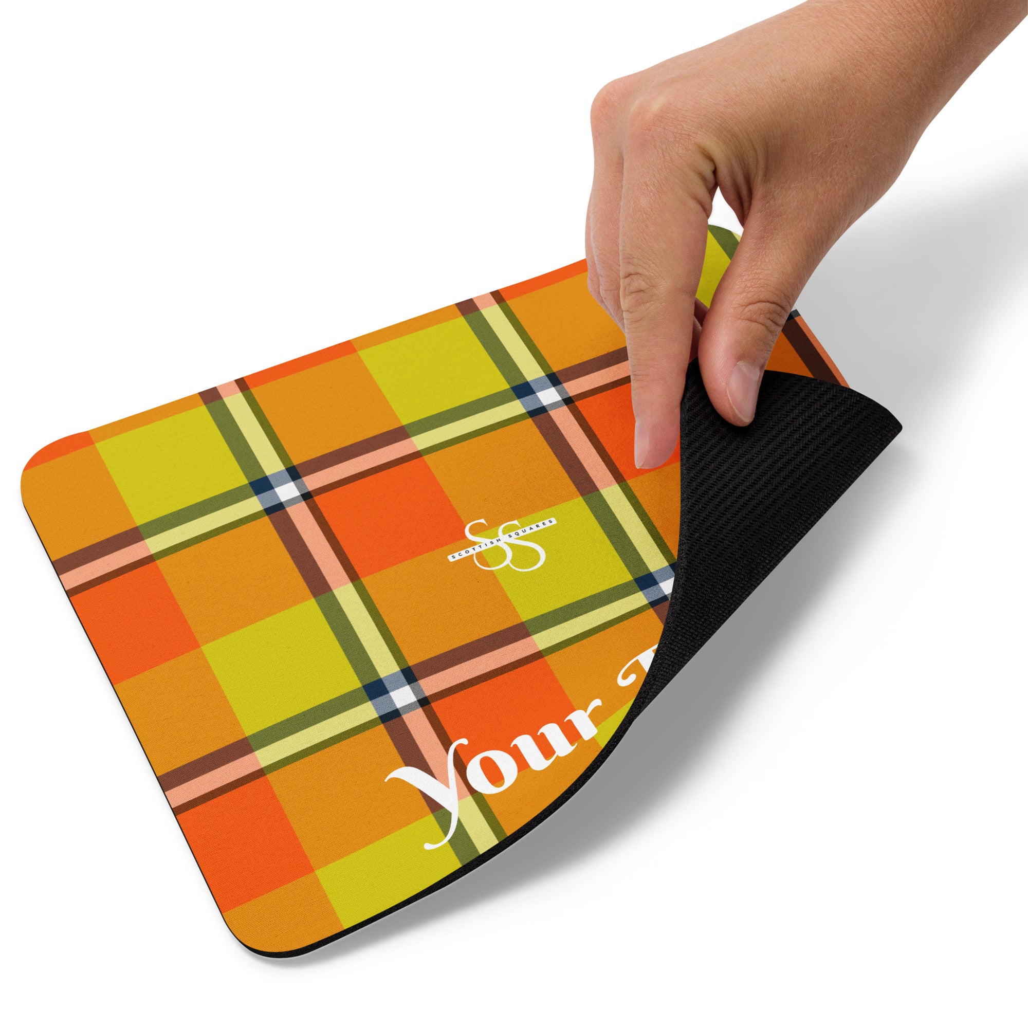 Personalized Blaze Orange and Bird Flower Plaid Mouse Pad - Scottish Squares