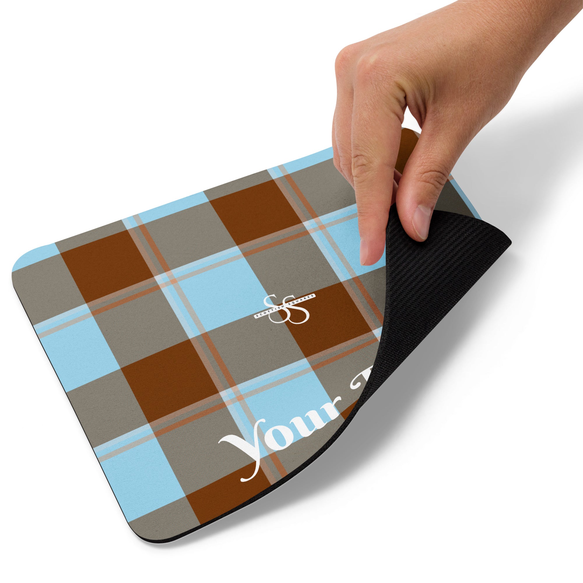 Personalized Blizzard Blue and Livid Brown Plaid Mouse Pad - Scottish Squares