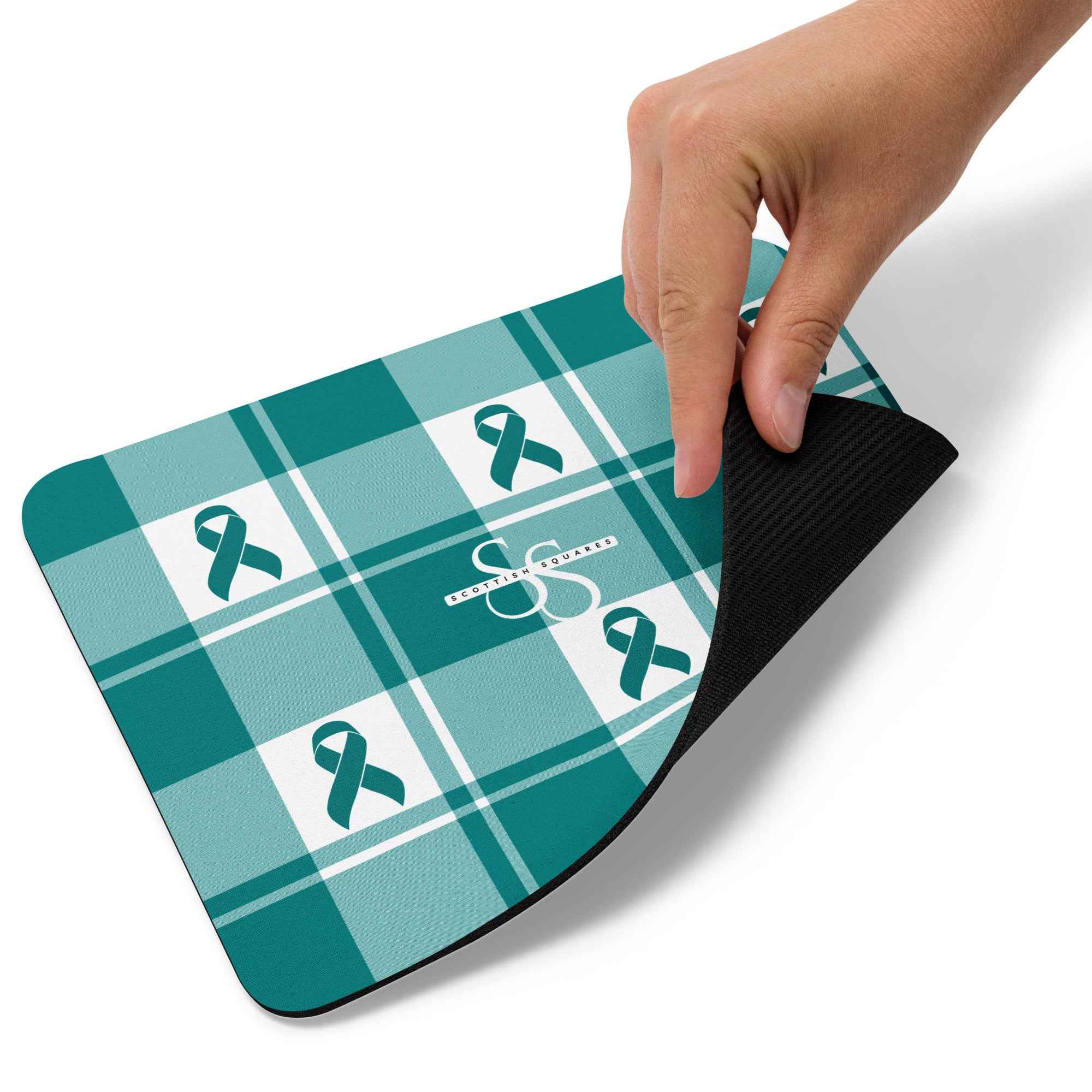 Mouse Pad Cervical Cancer Awareness Plaid, Teal Ribbon, Supportive Gift - Scottish Squares