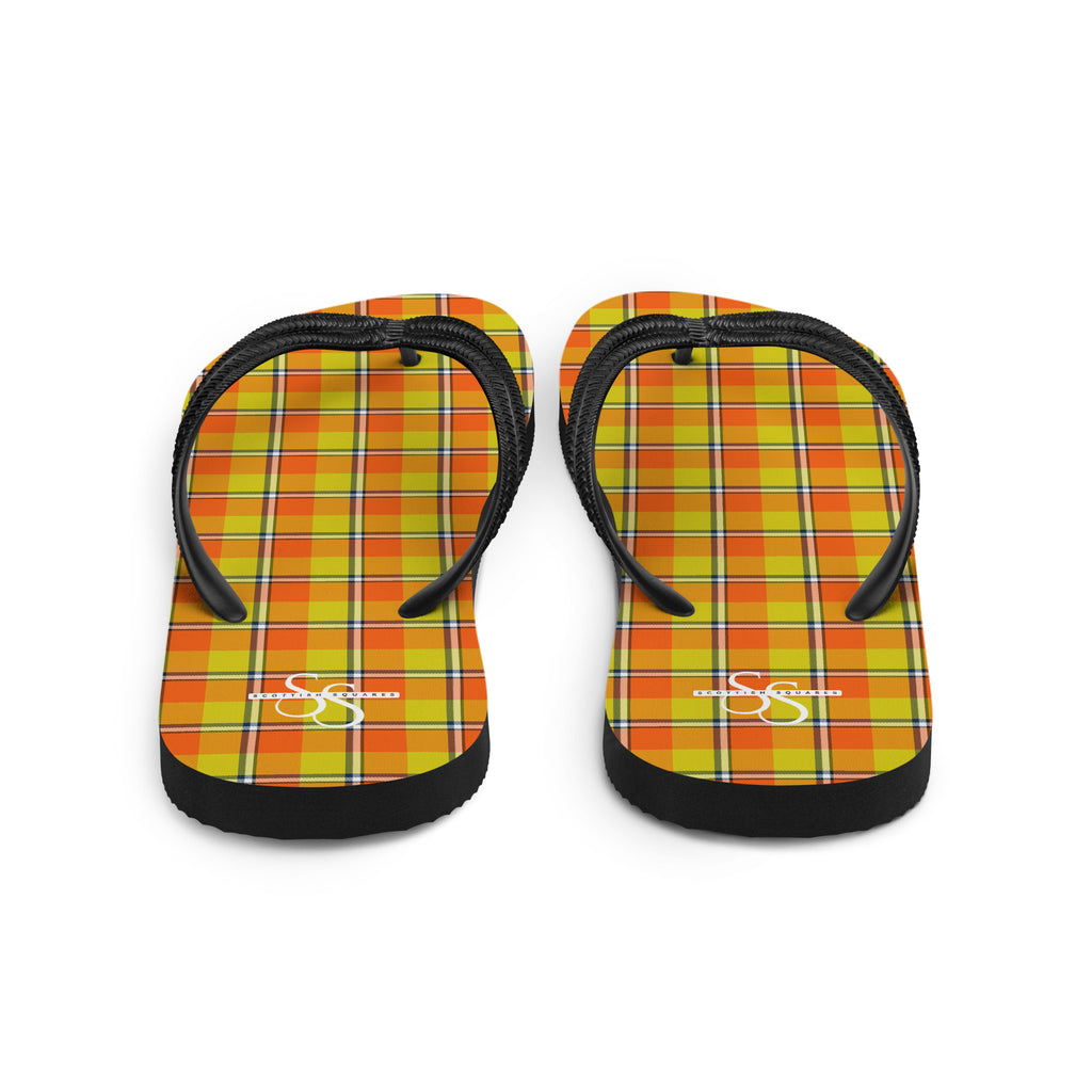 Blaze Orange and Bird Flower Plaid Flip Flops - Scottish Squares