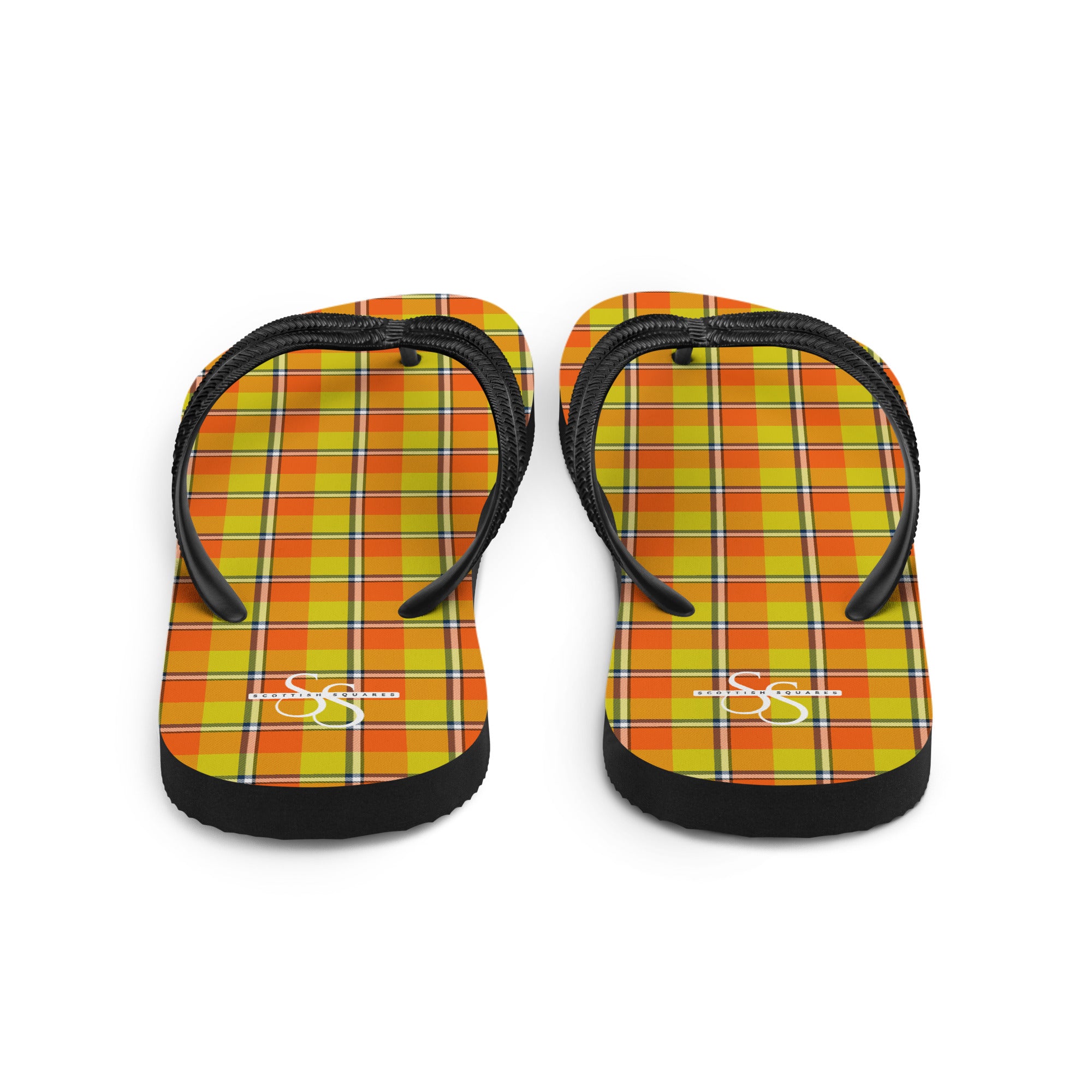 Blaze Orange and Bird Flower Plaid Flip Flops - Scottish Squares