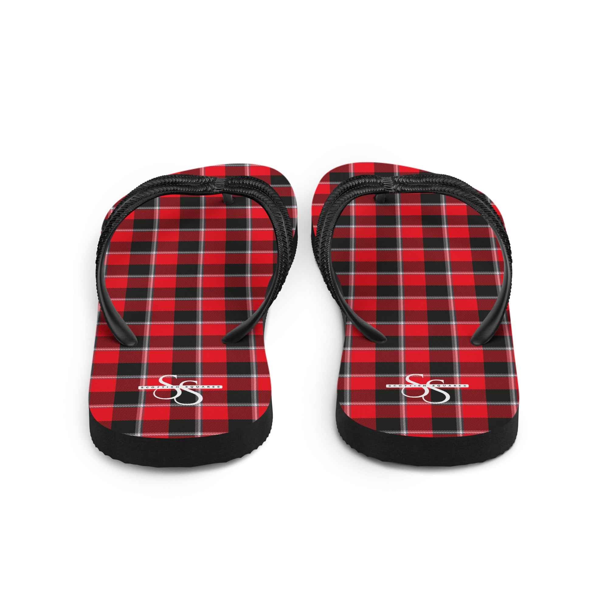 Red Ribbon and Heavy Metal Plaid Flip Flops - Scottish Squares