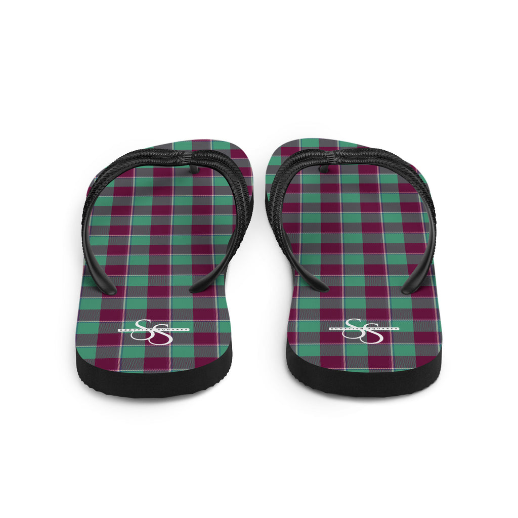 Ocean Green and Mulberry Wood Plaid Flip Flops - Scottish Squares