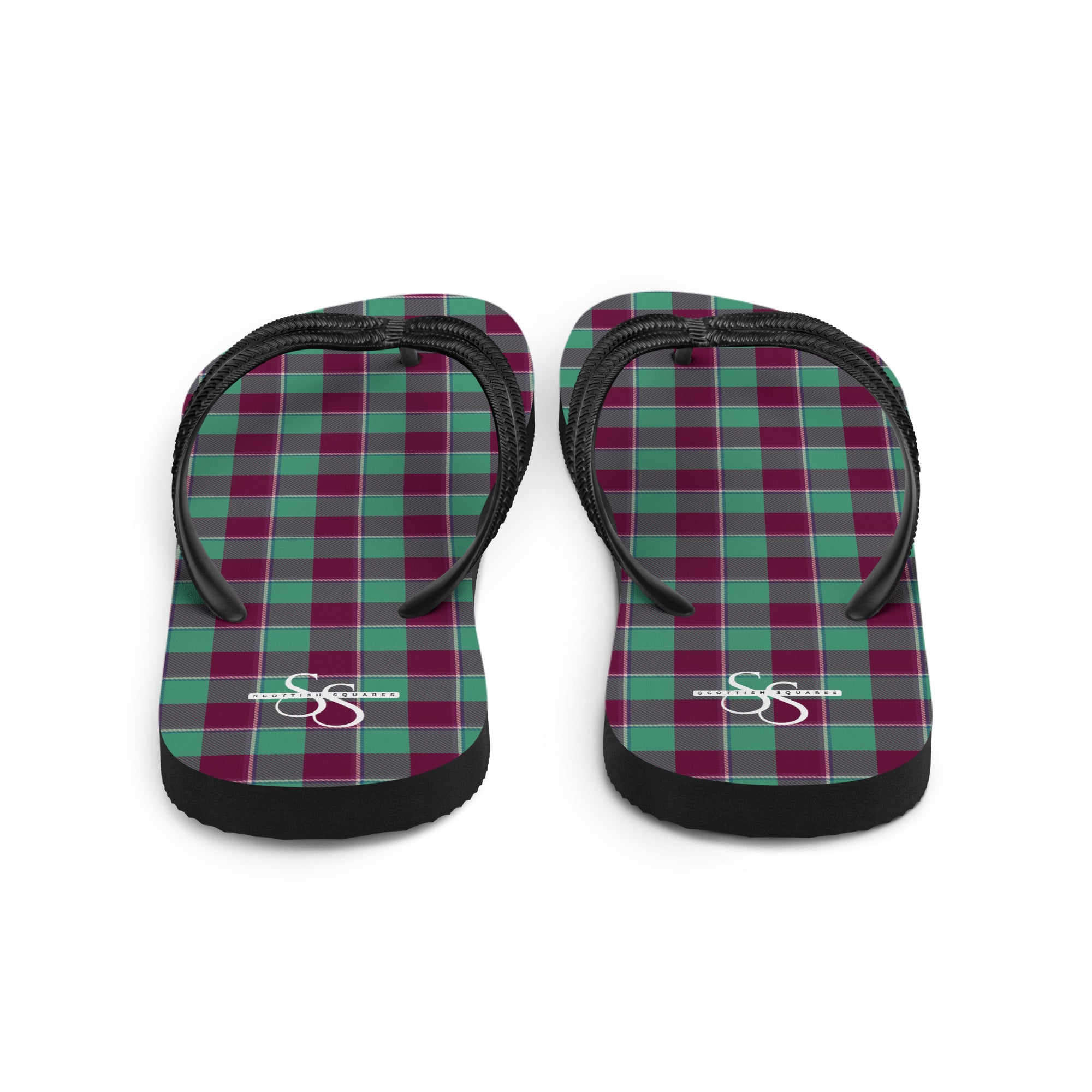 Ocean Green and Mulberry Wood Plaid Flip Flops - Scottish Squares