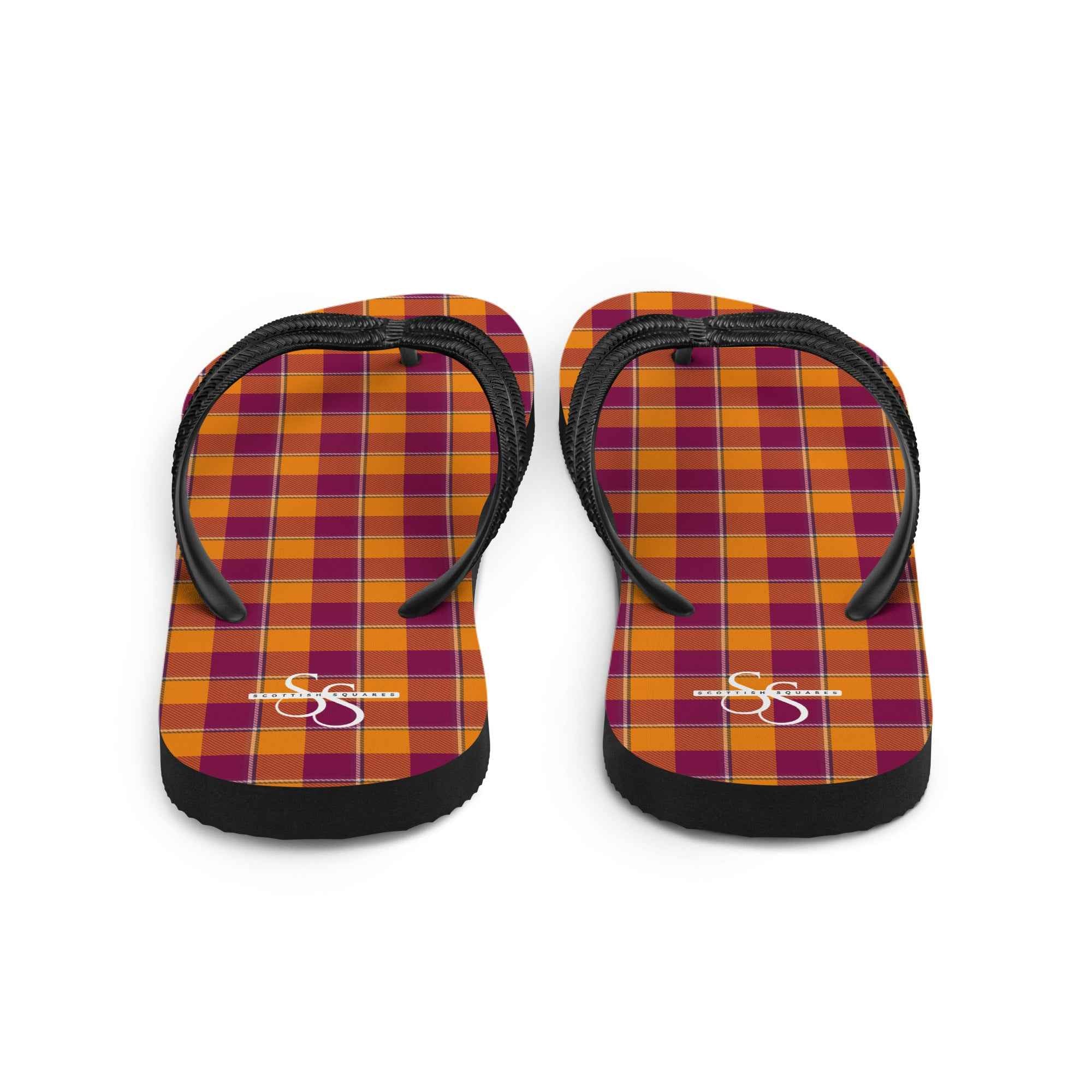 Tahiti Gold and Rose Bud Cherry Plaid Flip Flops - Scottish Squares