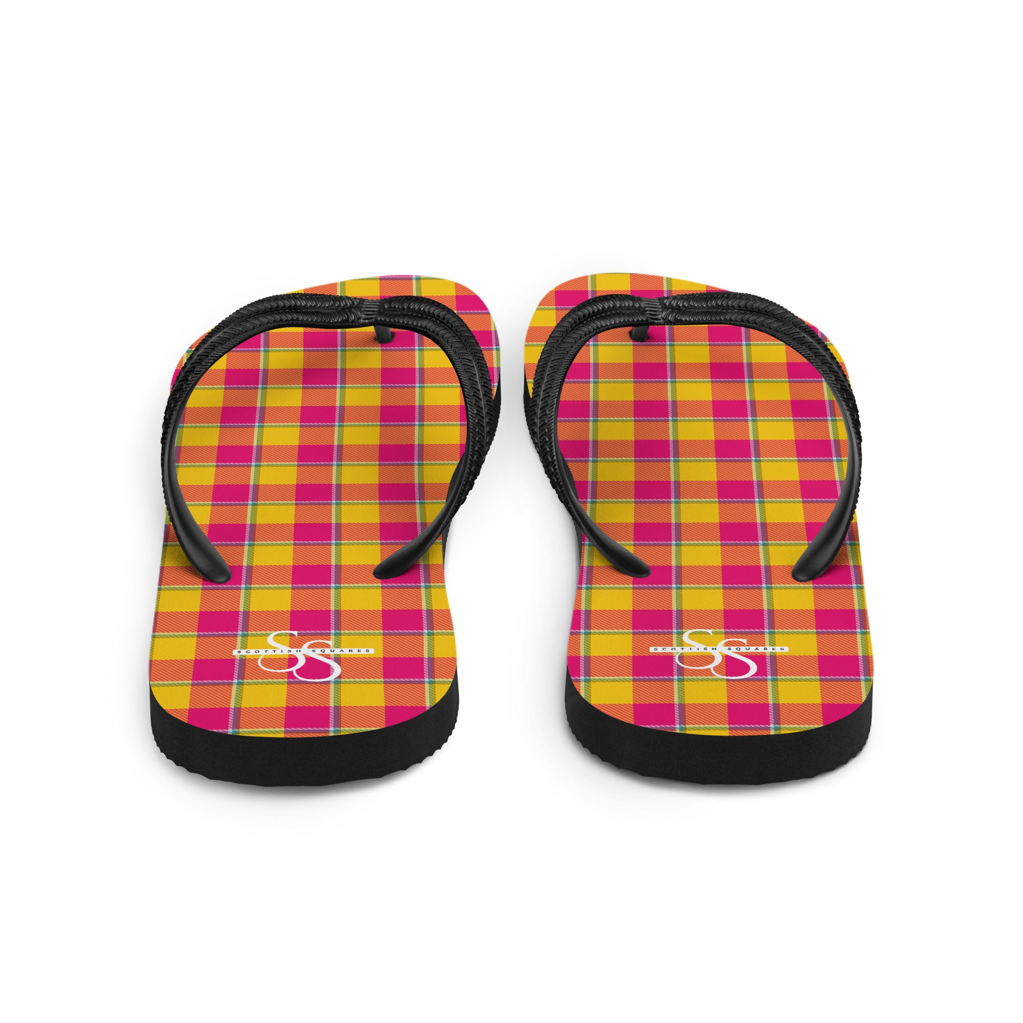 Corn and Razzmatazz Plaid Flip Flops - Scottish Squares