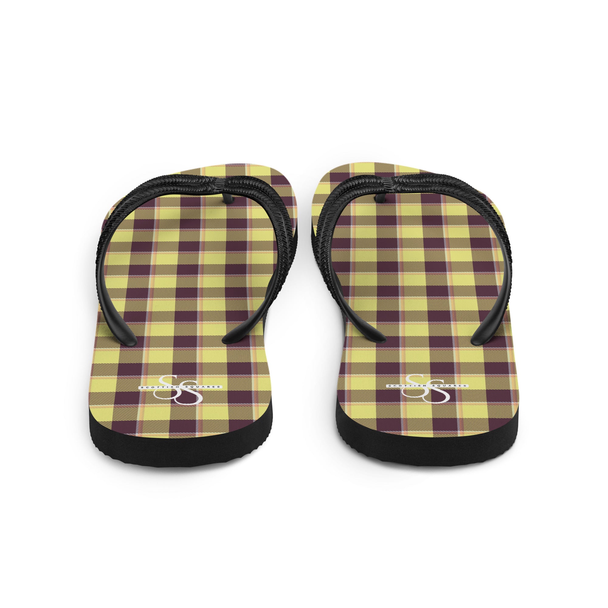 Flax and Livid Brown Plaid Flip Flops - Scottish Squares