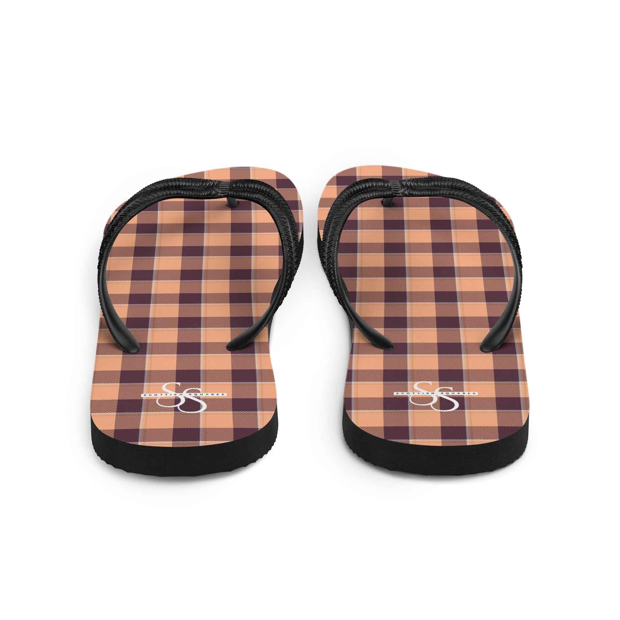 Hit Pink and Livid Brown Plaid Flip Flops - Scottish Squares