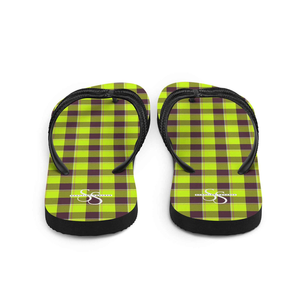 Electric Lime and Livid Brown Plaid Flip Flops - Scottish Squares
