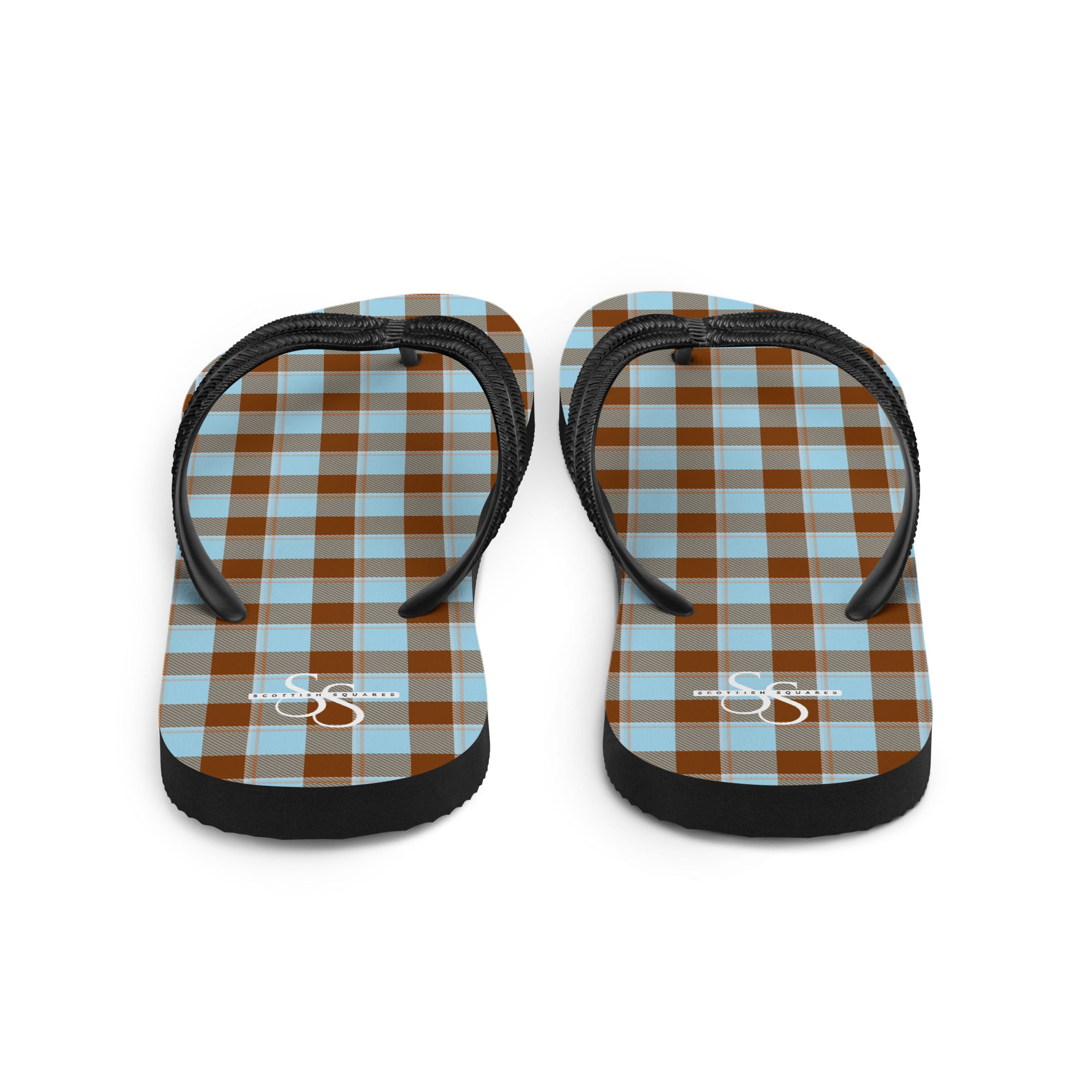 Blizzard Blue and Livid Brown Plaid Flip Flops - Scottish Squares