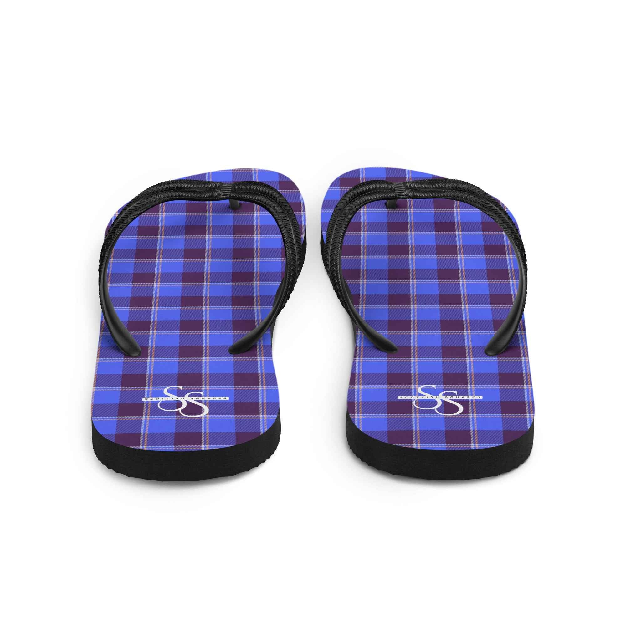 Cornflower Blue and Livid Brown Plaid Flip Flops - Scottish Squares
