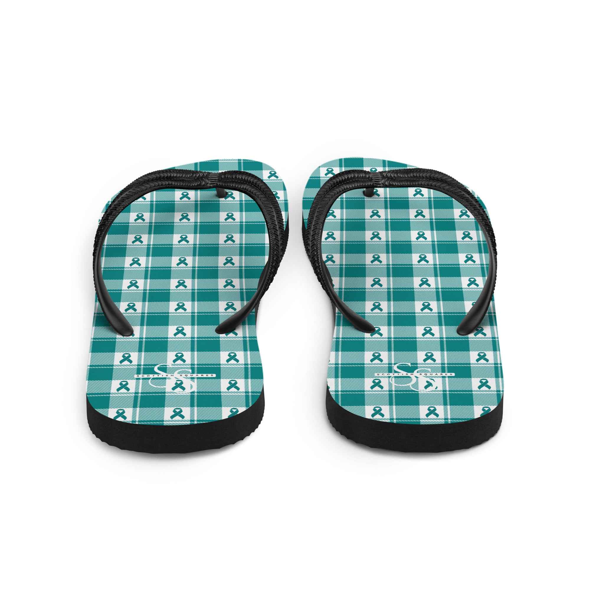 Flip Flops Cervical Cancer Awareness Plaid, Teal Ribbon, Supportive Gift - Scottish Squares