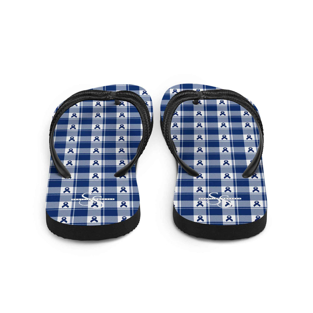 Flip Flops Colorectal Cancer Awareness Plaid, Dark Blue Ribbon, Supportive Gift - Scottish Squares