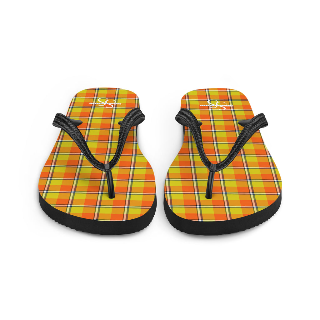 Blaze Orange and Bird Flower Plaid Flip Flops - Scottish Squares