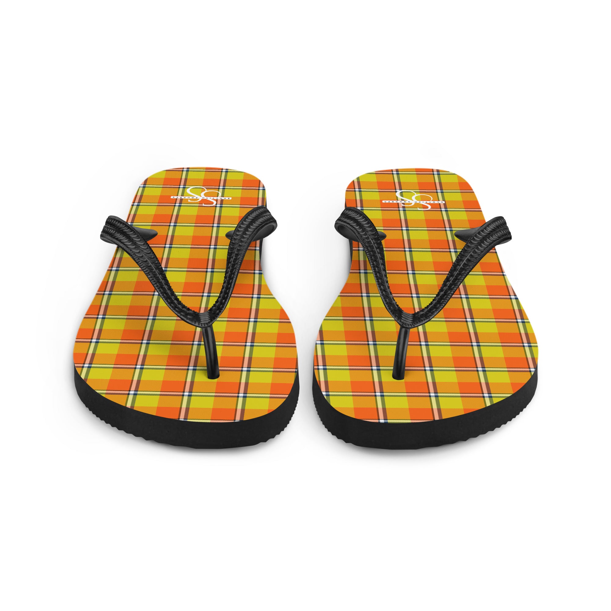 Blaze Orange and Bird Flower Plaid Flip Flops - Scottish Squares