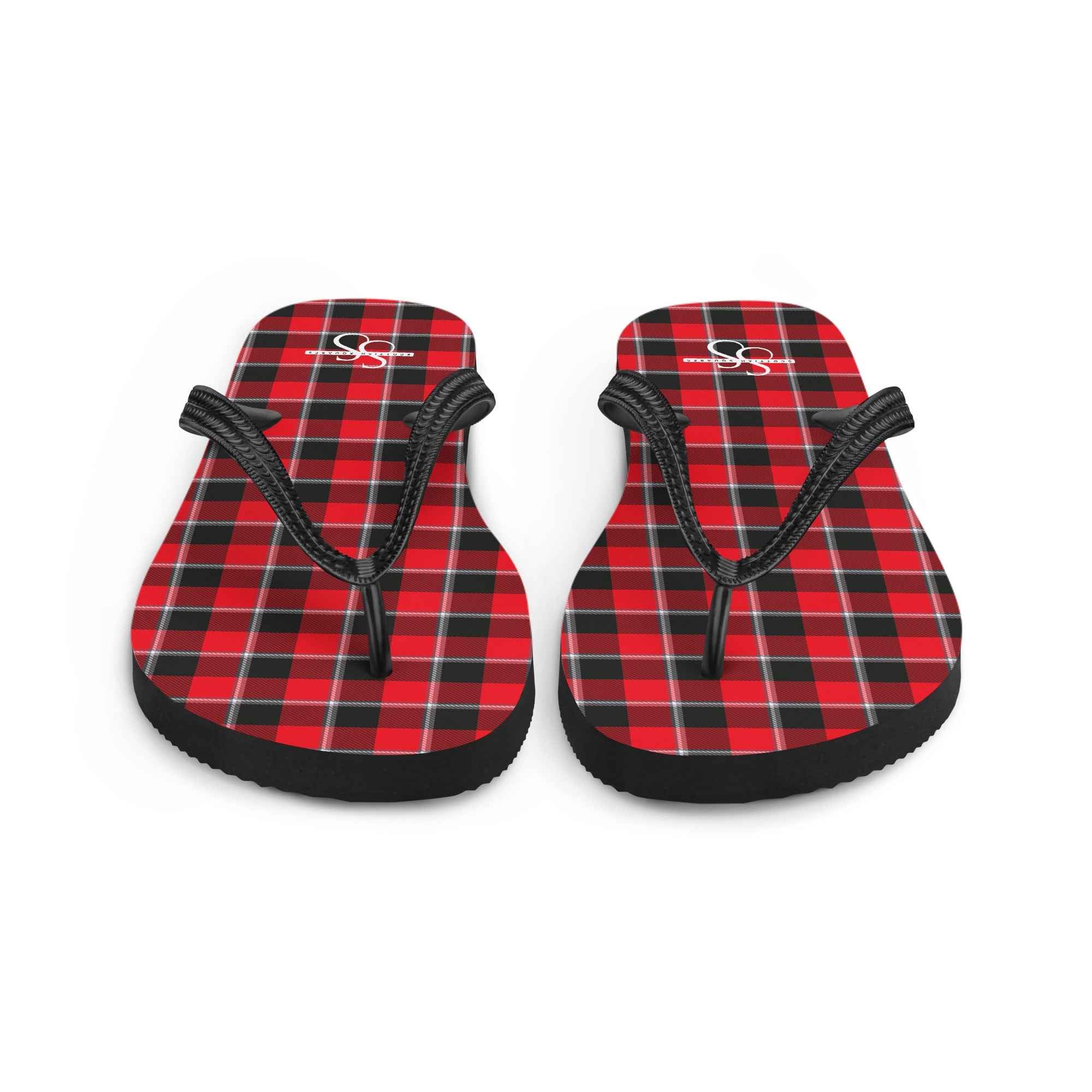 Red Ribbon and Heavy Metal Plaid Flip Flops - Scottish Squares