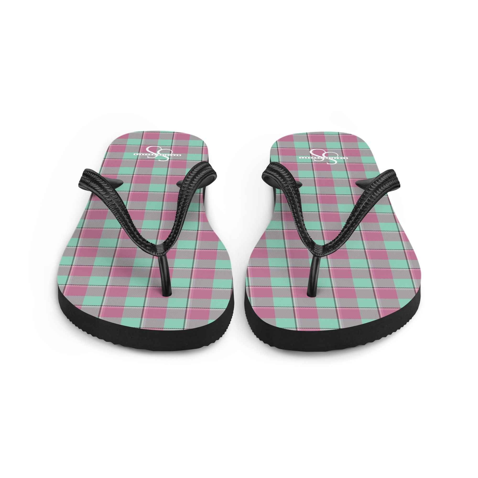 Vista Blue and Turkish Rose Plaid Flip Flops - Scottish Squares