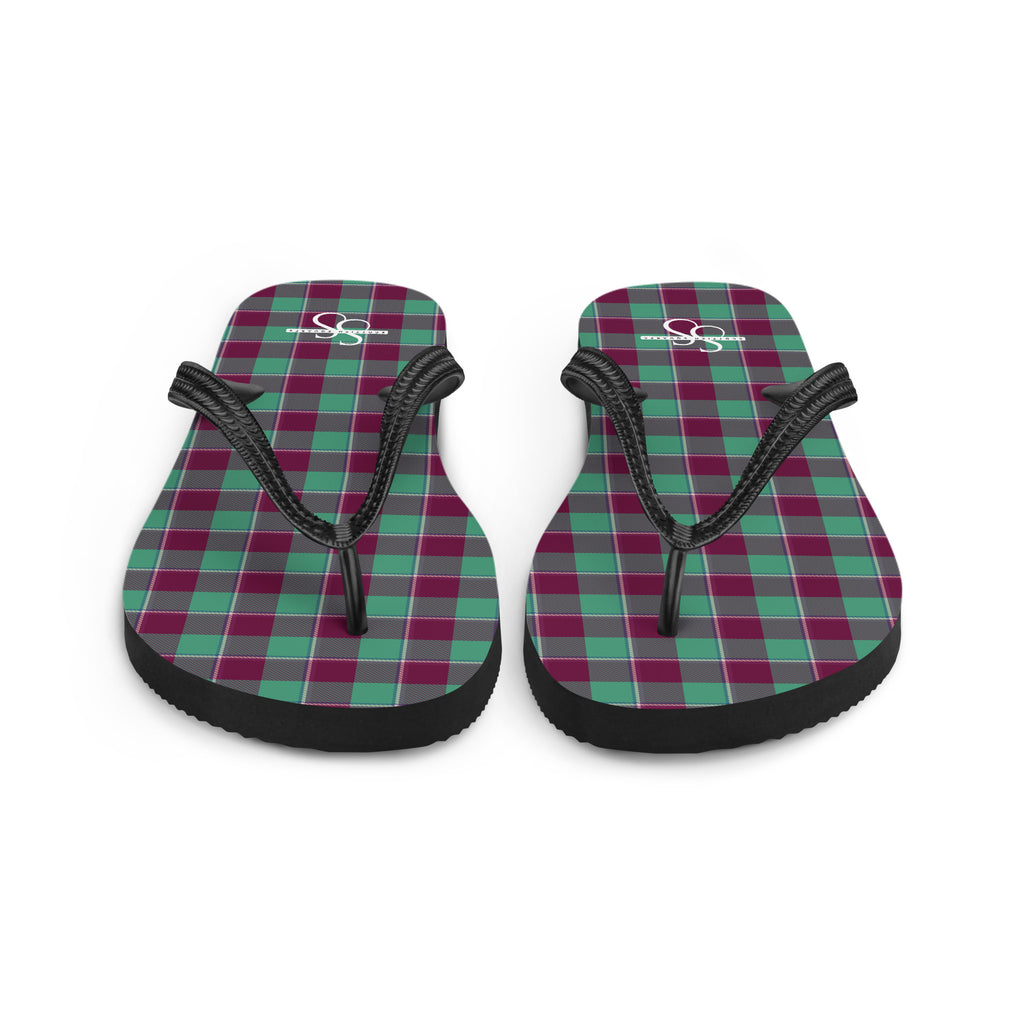 Ocean Green and Mulberry Wood Plaid Flip Flops - Scottish Squares