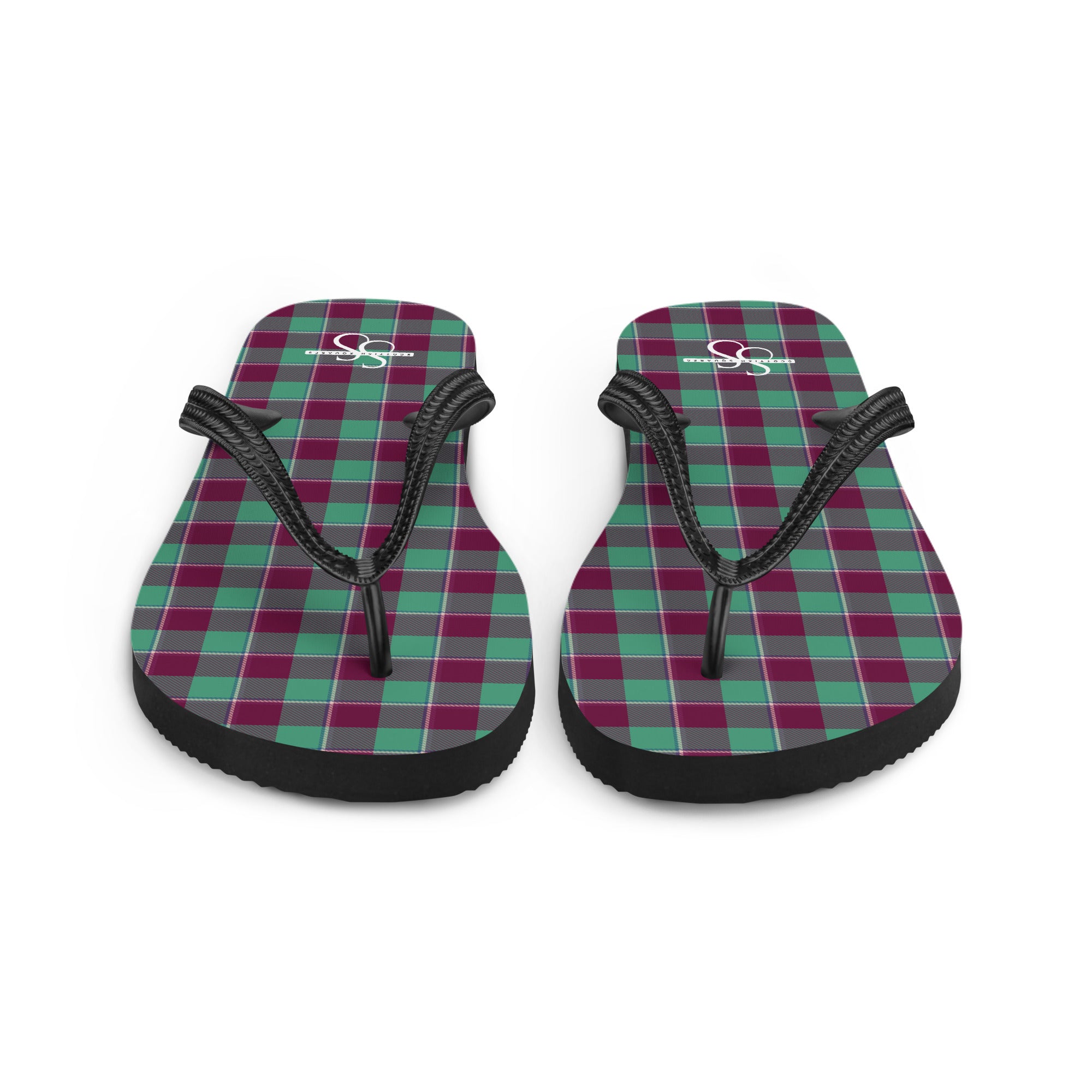 Ocean Green and Mulberry Wood Plaid Flip Flops - Scottish Squares