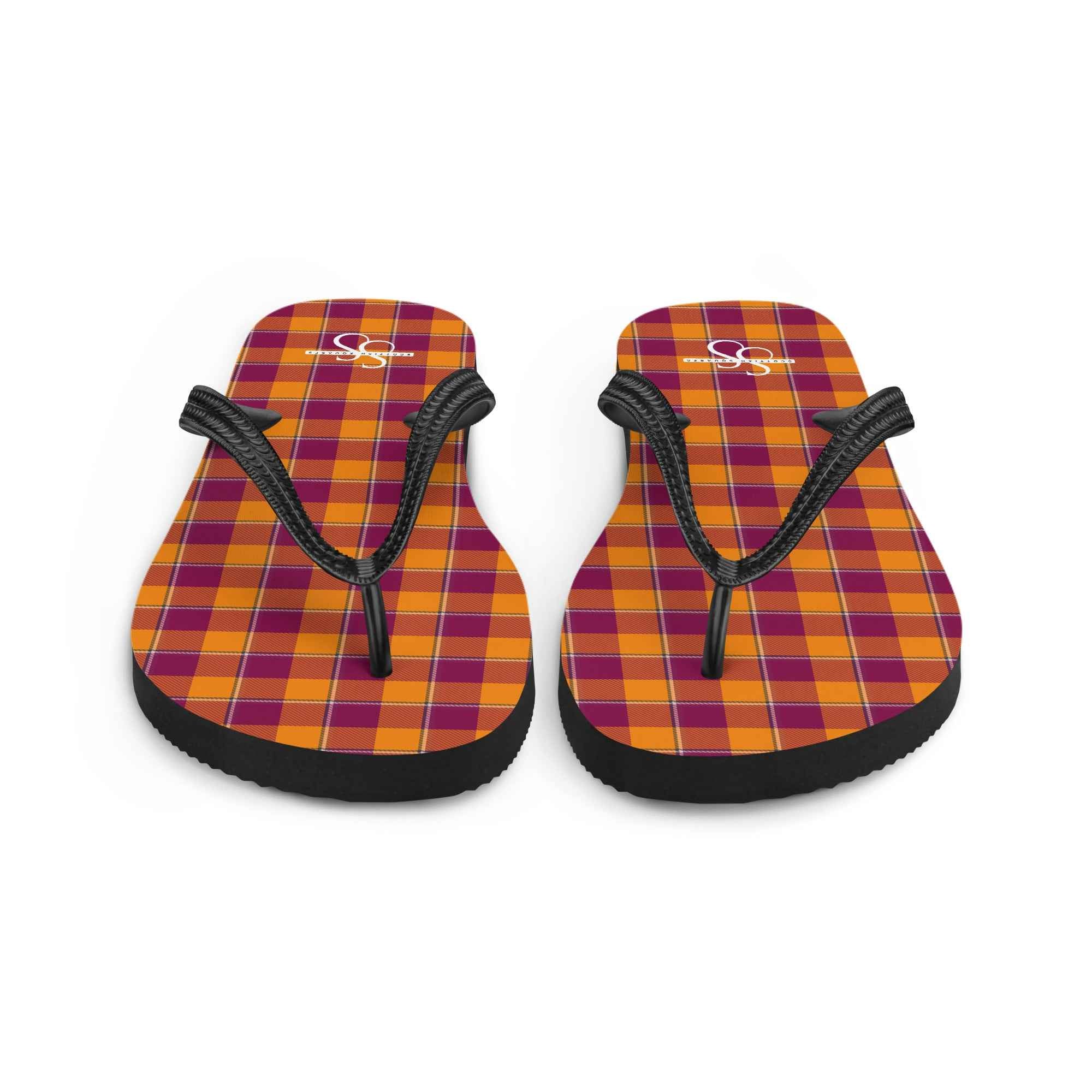 Tahiti Gold and Rose Bud Cherry Plaid Flip Flops - Scottish Squares