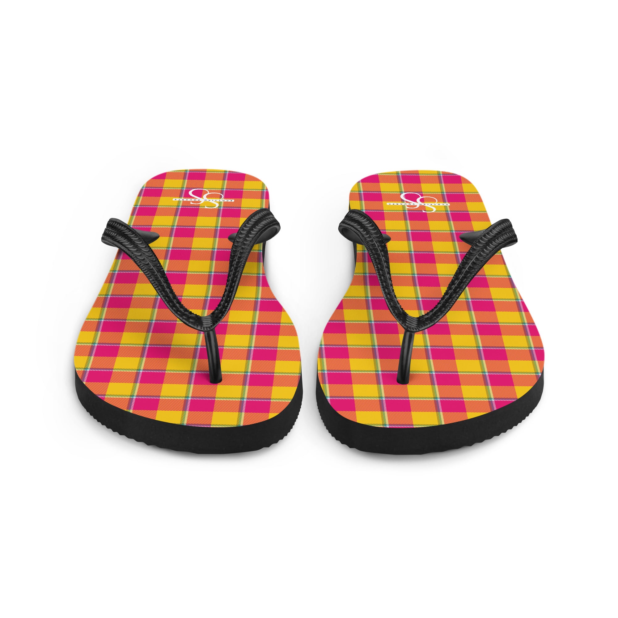 Corn and Razzmatazz Plaid Flip Flops - Scottish Squares