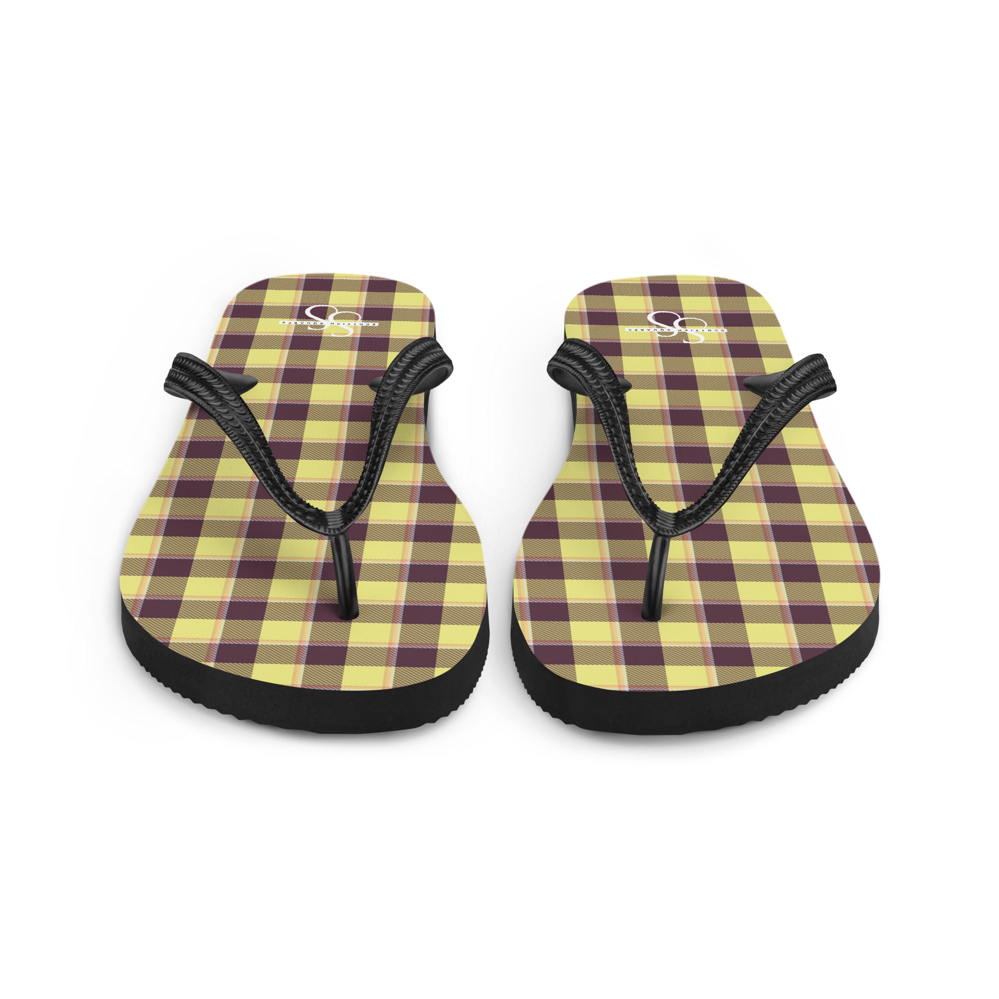 Flax and Livid Brown Plaid Flip Flops - Scottish Squares