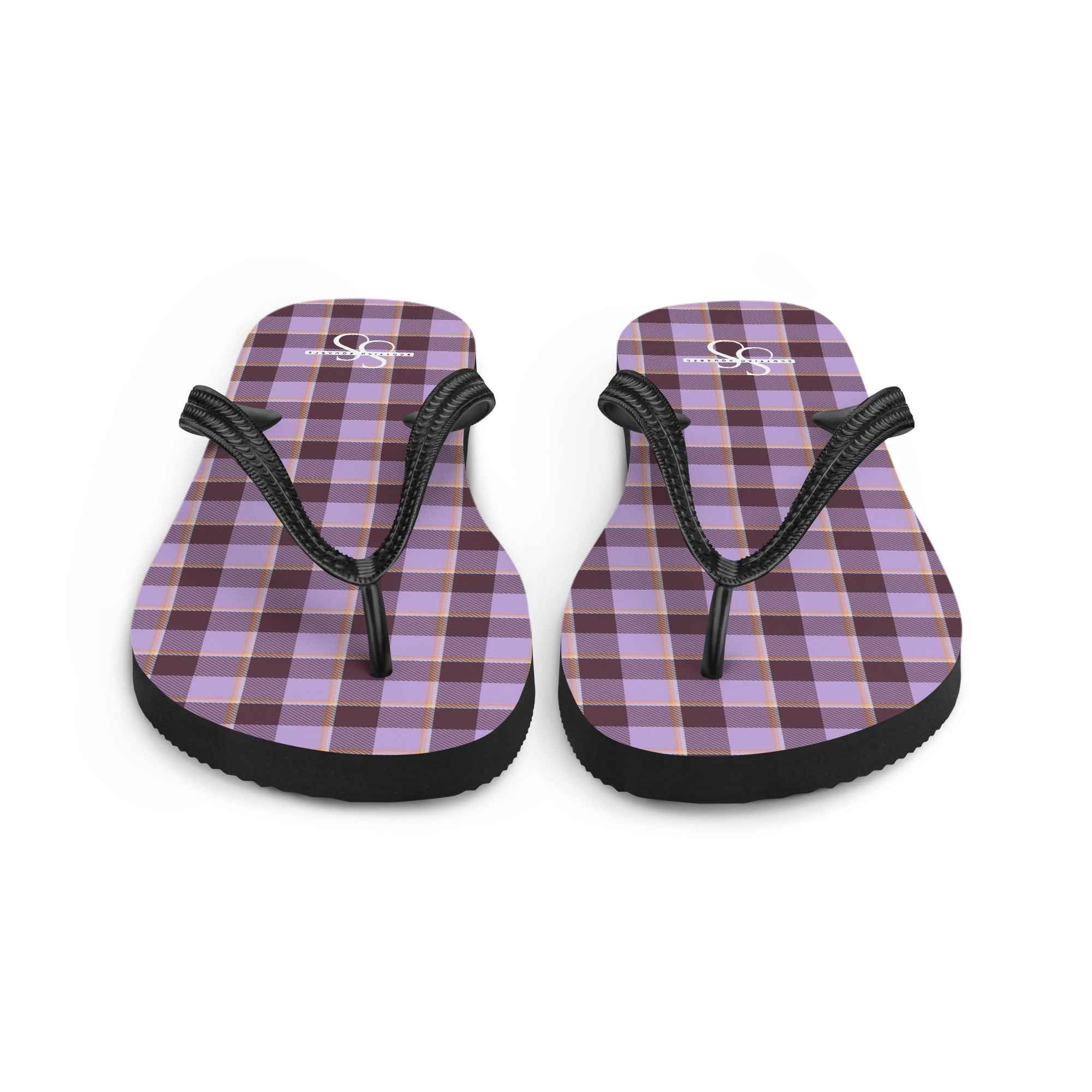 Light Wisteria and Livid Brown Plaid Flip Flops - Scottish Squares