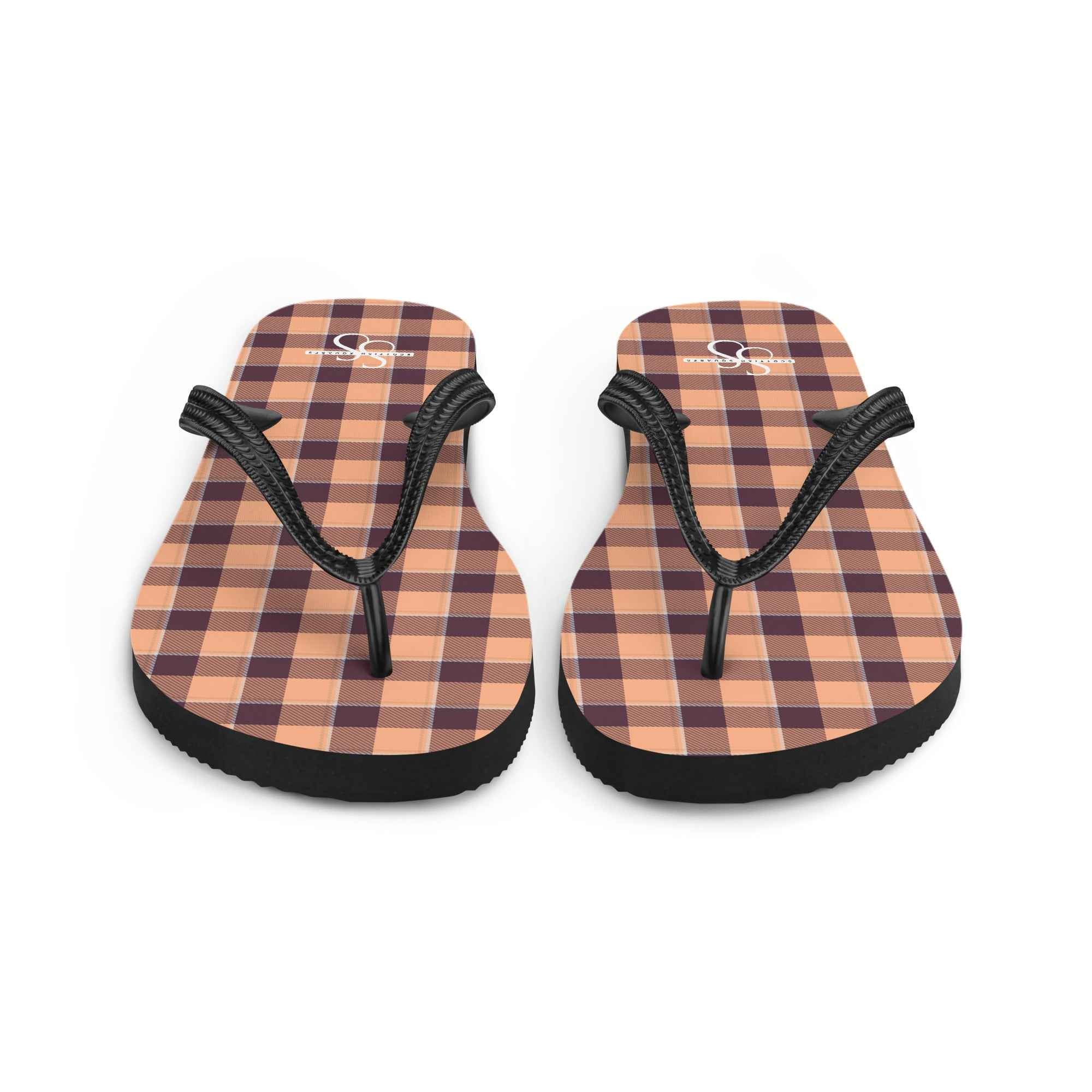 Hit Pink and Livid Brown Plaid Flip Flops - Scottish Squares