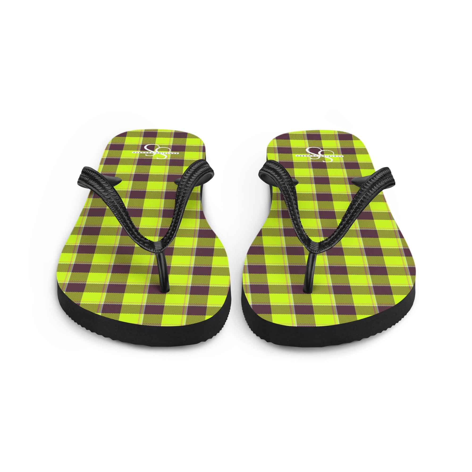 Electric Lime and Livid Brown Plaid Flip Flops - Scottish Squares