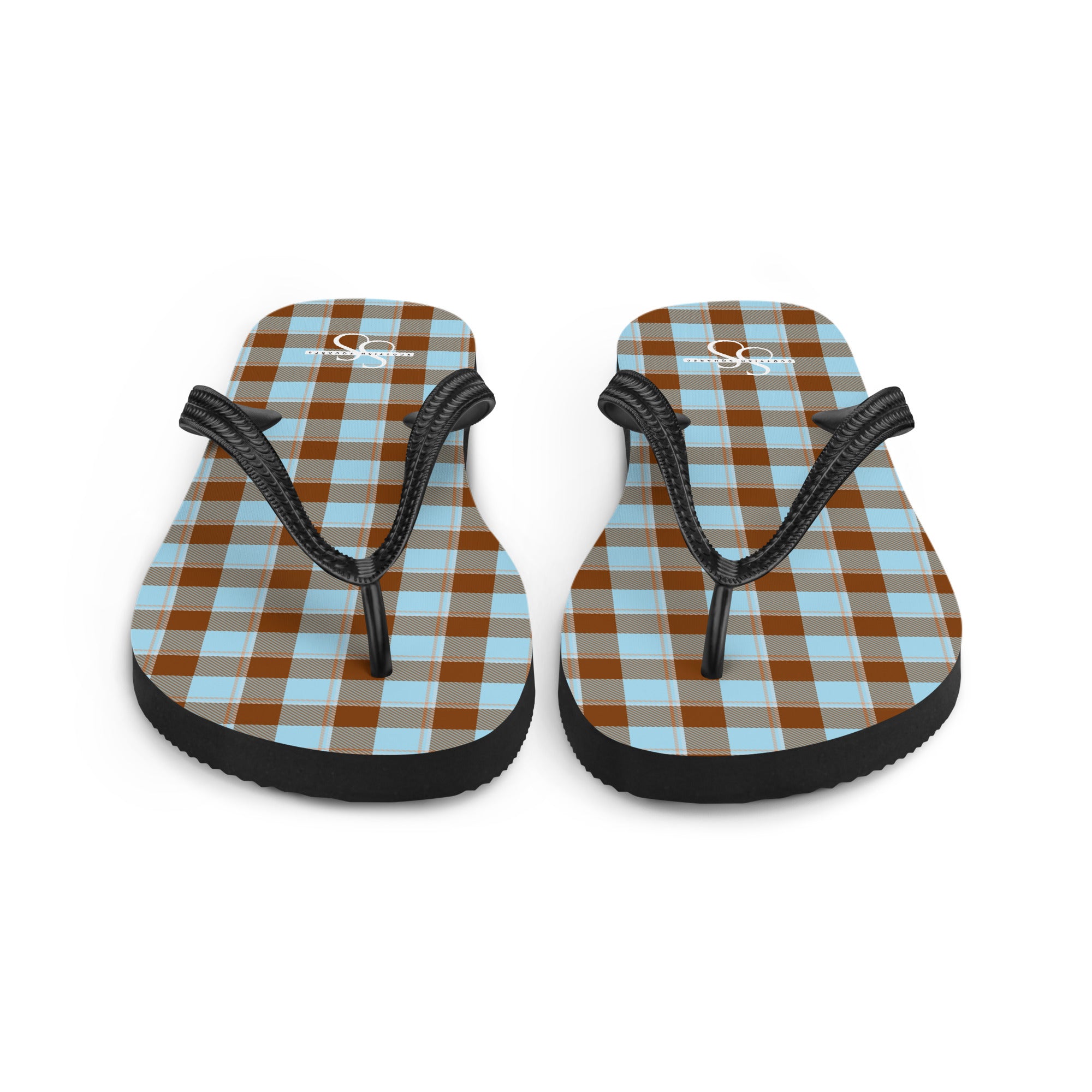 Blizzard Blue and Livid Brown Plaid Flip Flops - Scottish Squares