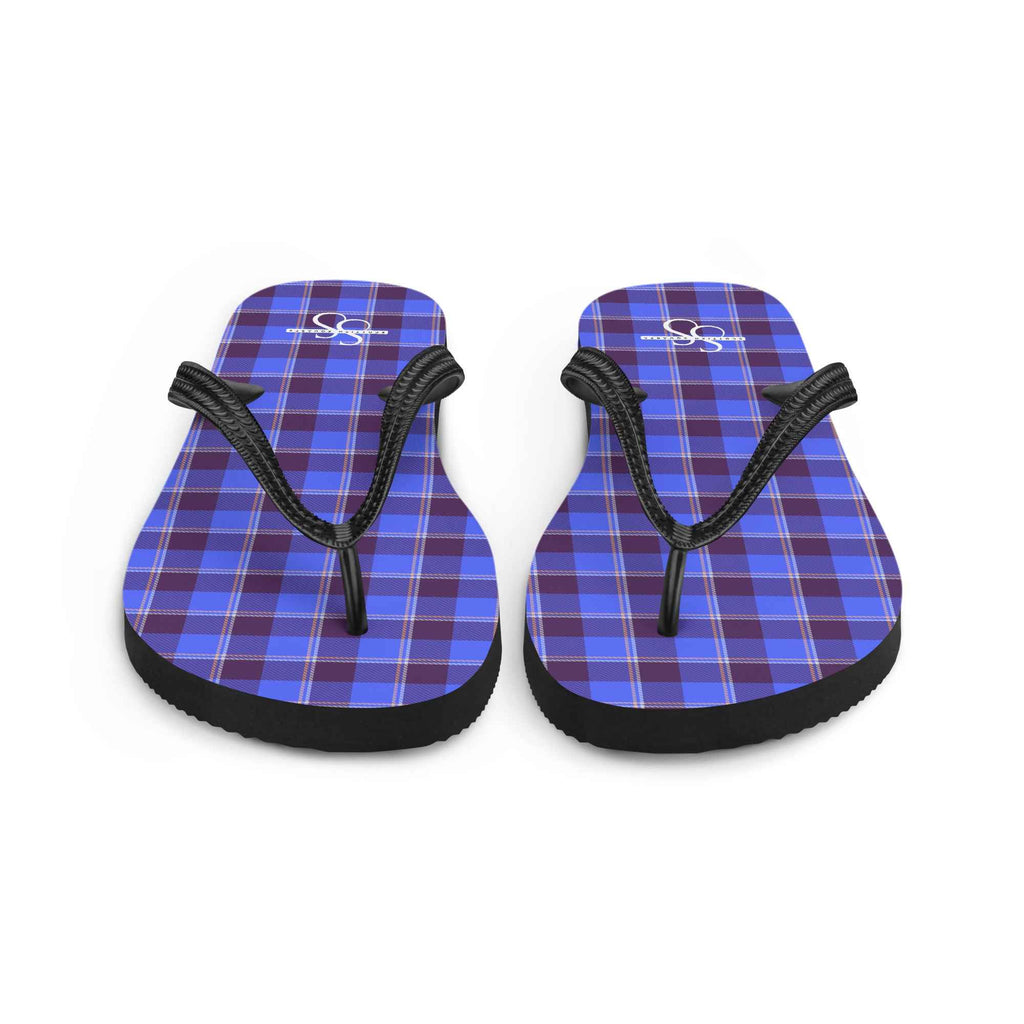 Cornflower Blue and Livid Brown Plaid Flip Flops - Scottish Squares