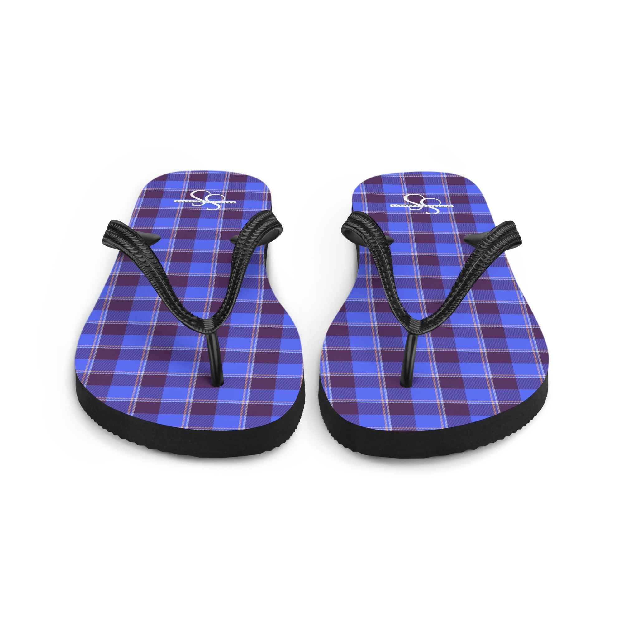 Cornflower Blue and Livid Brown Plaid Flip Flops - Scottish Squares