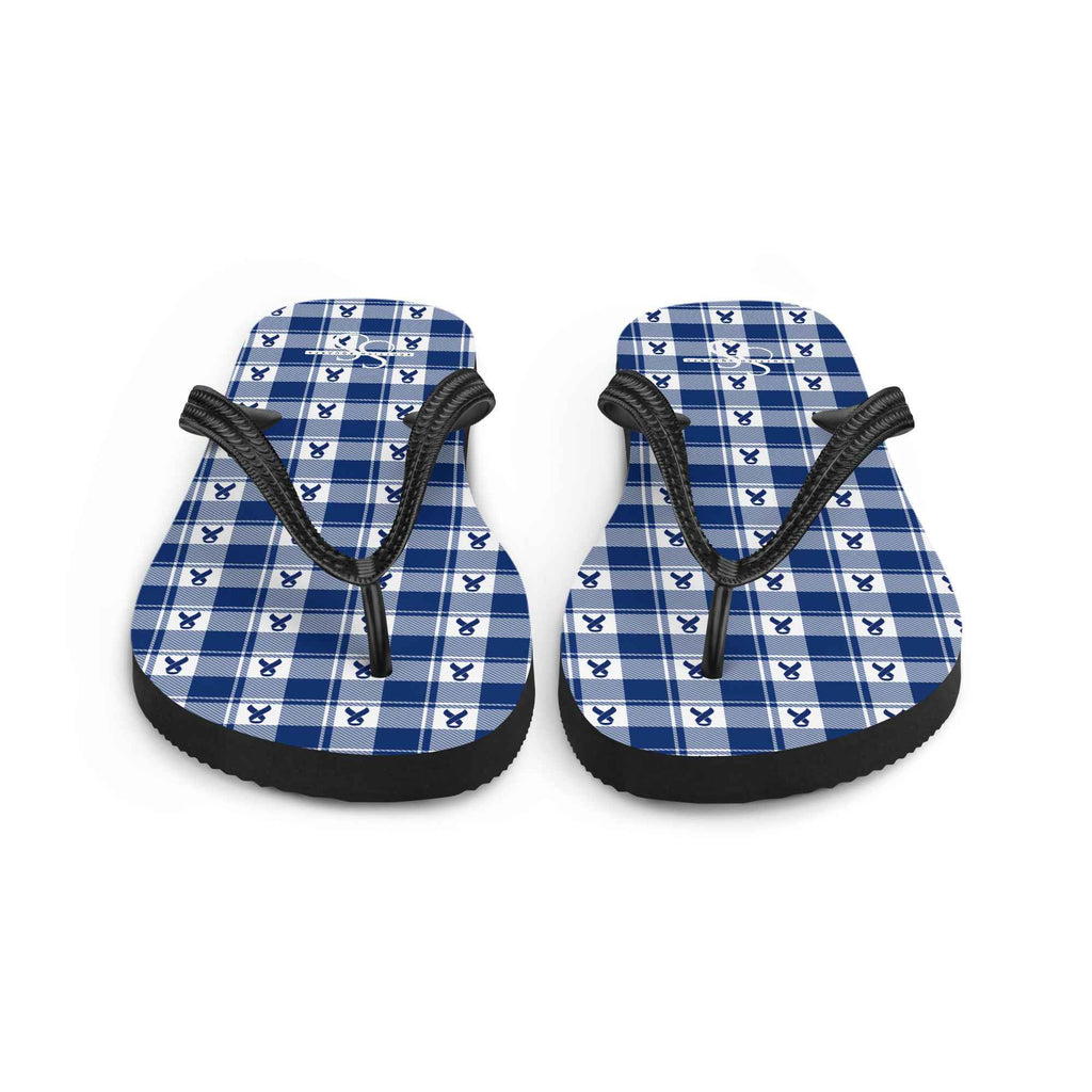 Flip Flops Colorectal Cancer Awareness Plaid, Dark Blue Ribbon, Supportive Gift - Scottish Squares