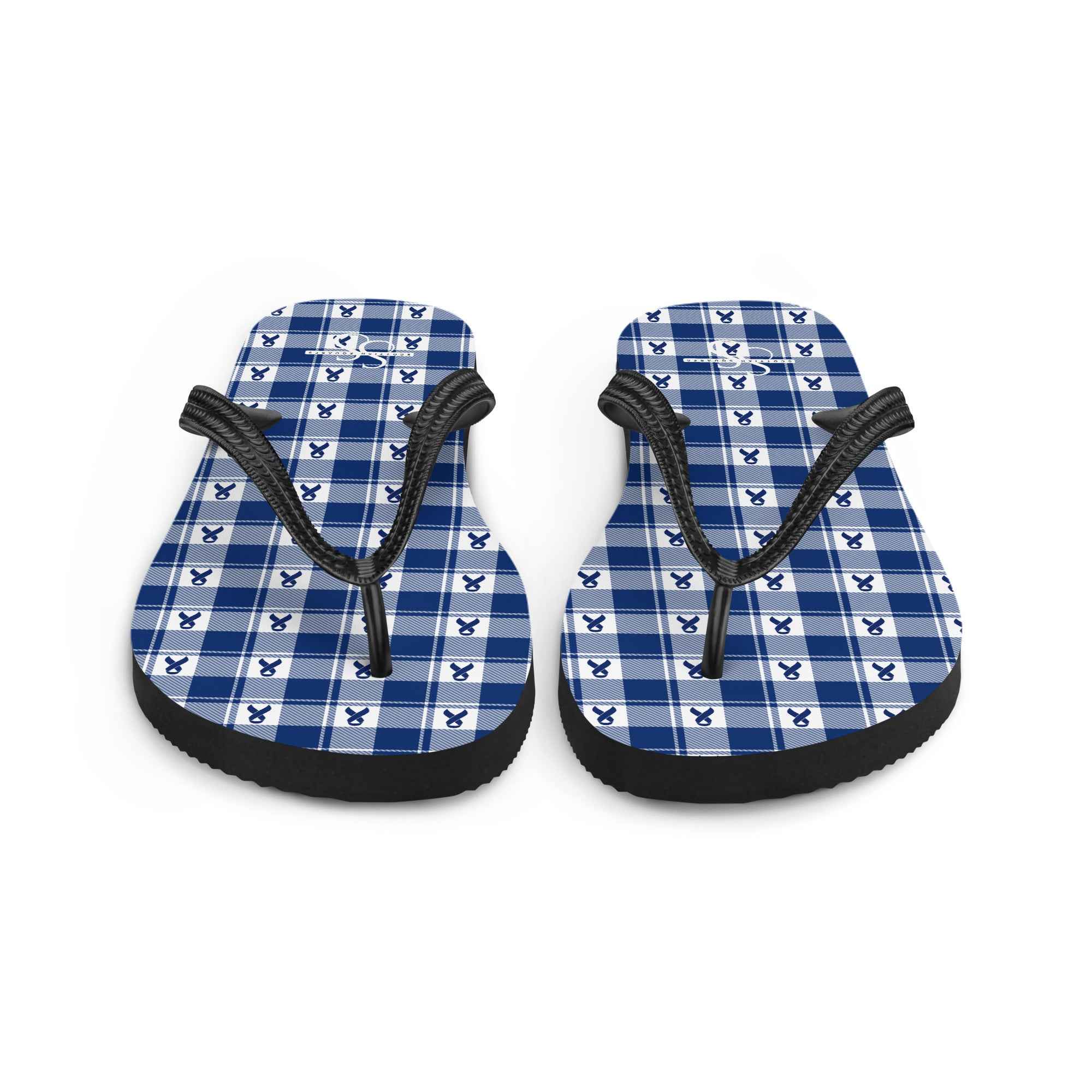 Flip Flops Colorectal Cancer Awareness Plaid, Dark Blue Ribbon, Supportive Gift - Scottish Squares