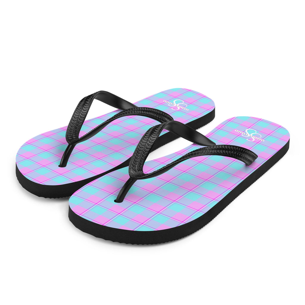 Mauve and Coastal Mist Plaid Flip Flops - Scottish Squares