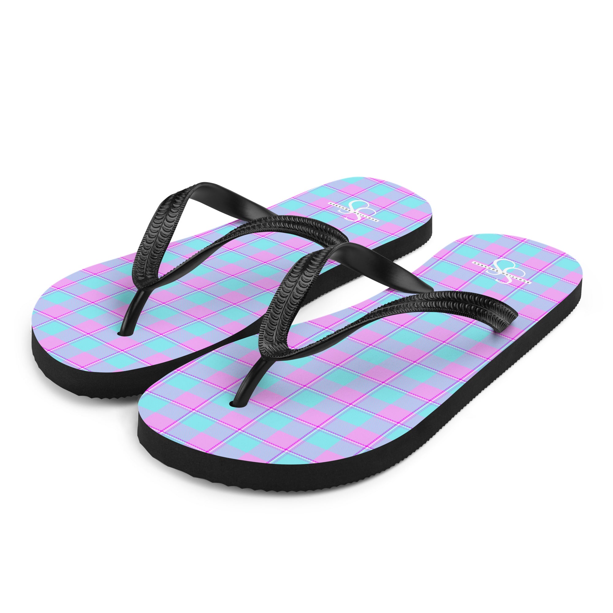 Mauve and Coastal Mist Plaid Flip Flops - Scottish Squares