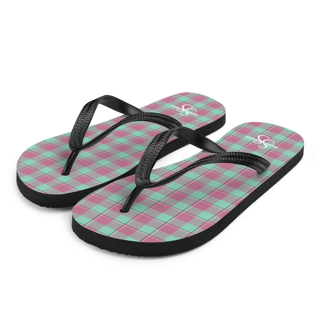 Vista Blue and Turkish Rose Plaid Flip Flops - Scottish Squares
