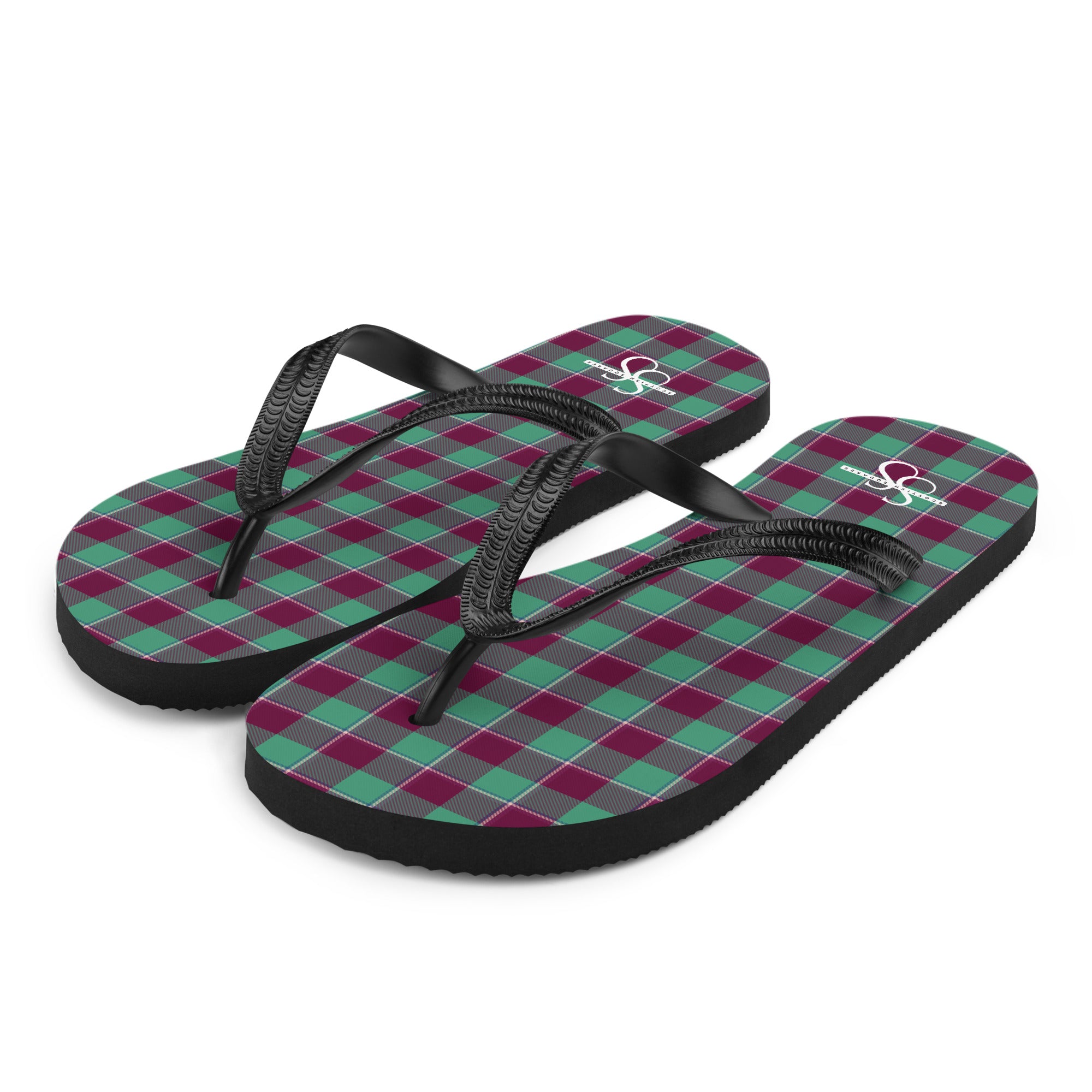 Ocean Green and Mulberry Wood Plaid Flip Flops - Scottish Squares