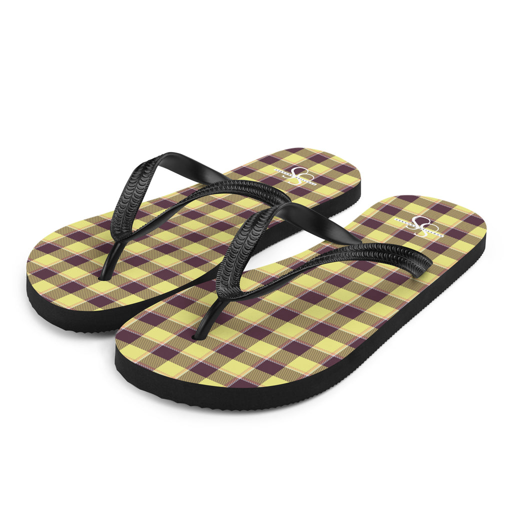 Flax and Livid Brown Plaid Flip Flops - Scottish Squares
