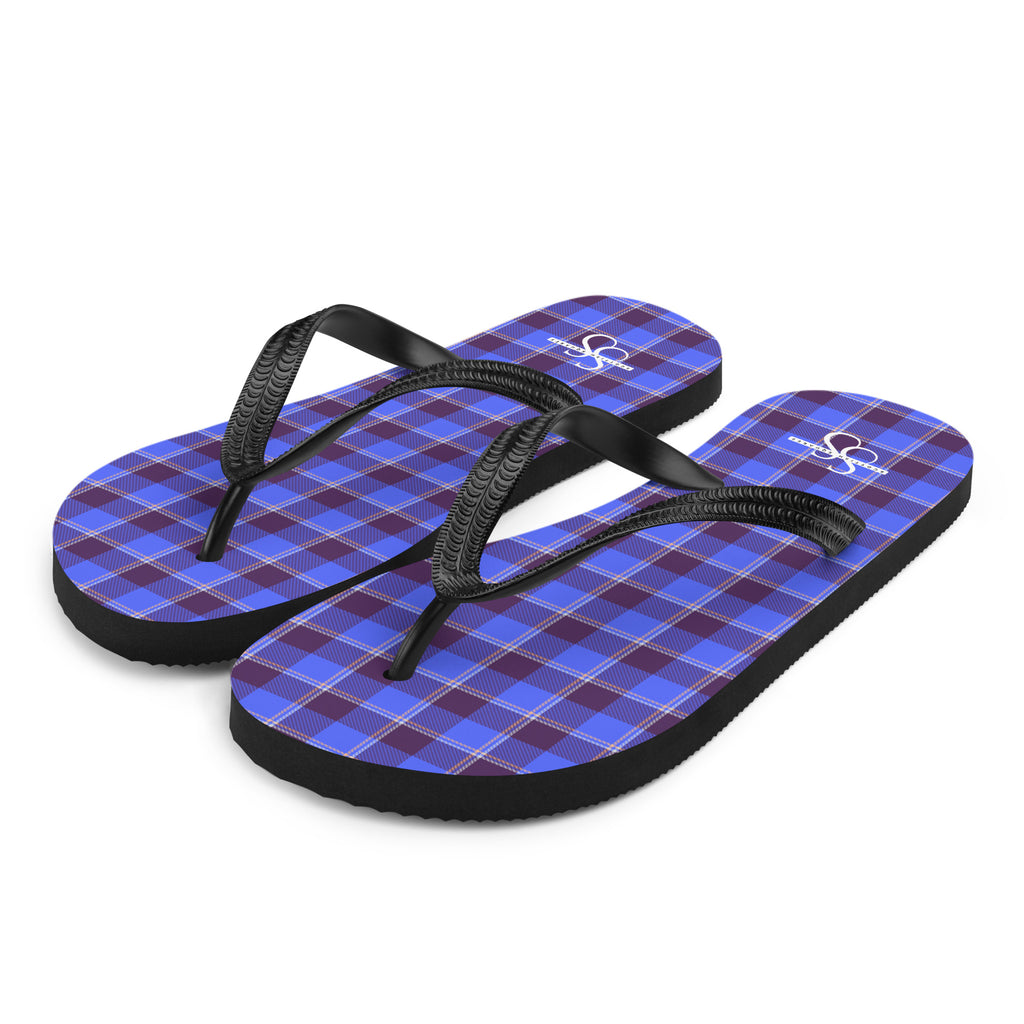 Cornflower Blue and Livid Brown Plaid Flip Flops - Scottish Squares