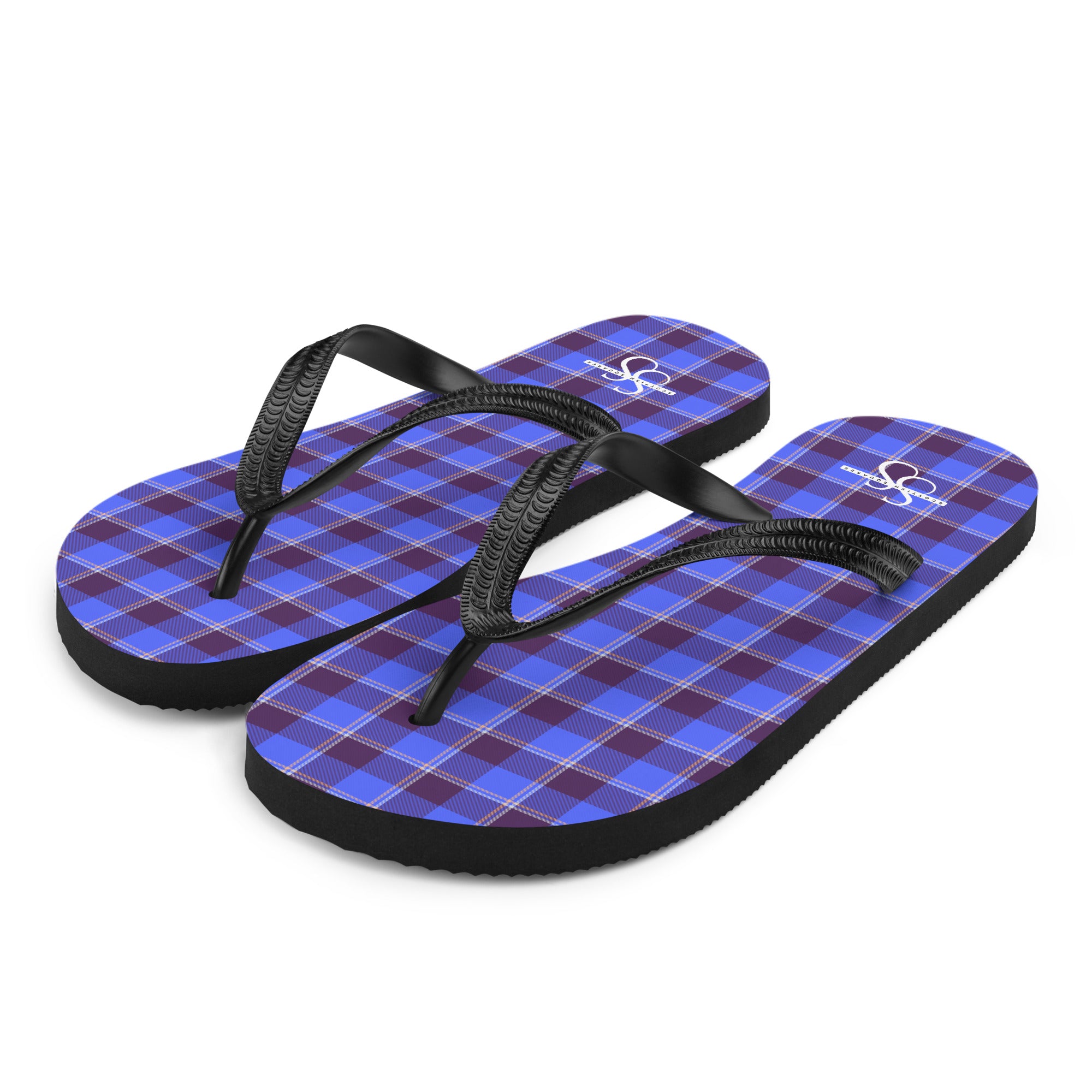 Cornflower Blue and Livid Brown Plaid Flip Flops - Scottish Squares