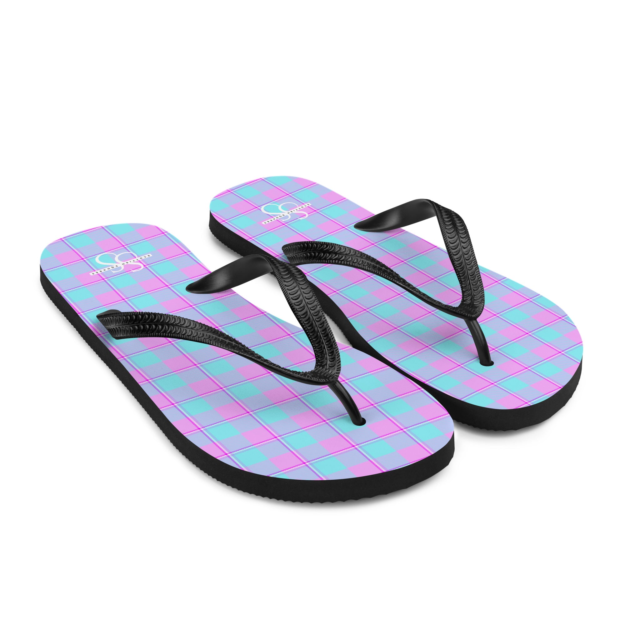 Mauve and Coastal Mist Plaid Flip Flops - Scottish Squares