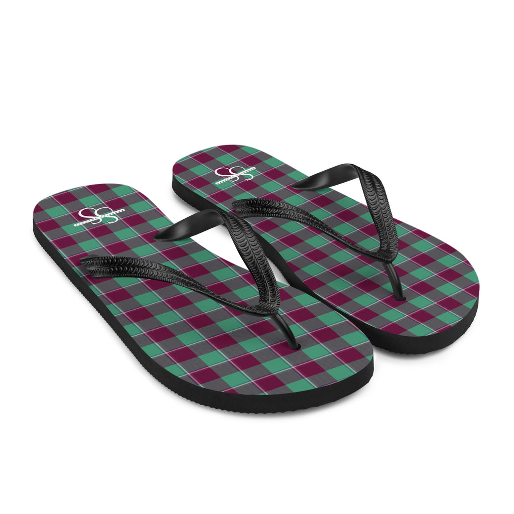 Ocean Green and Mulberry Wood Plaid Flip Flops - Scottish Squares